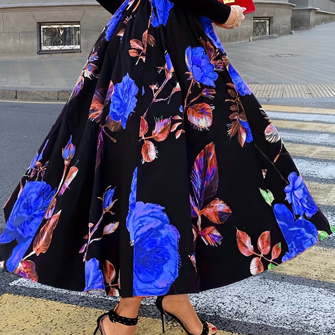 Plus Size Elegant Skirt, Women's Plus Floral Print Elastic High Rise Slight Stretch A-line Maxi Skirt
