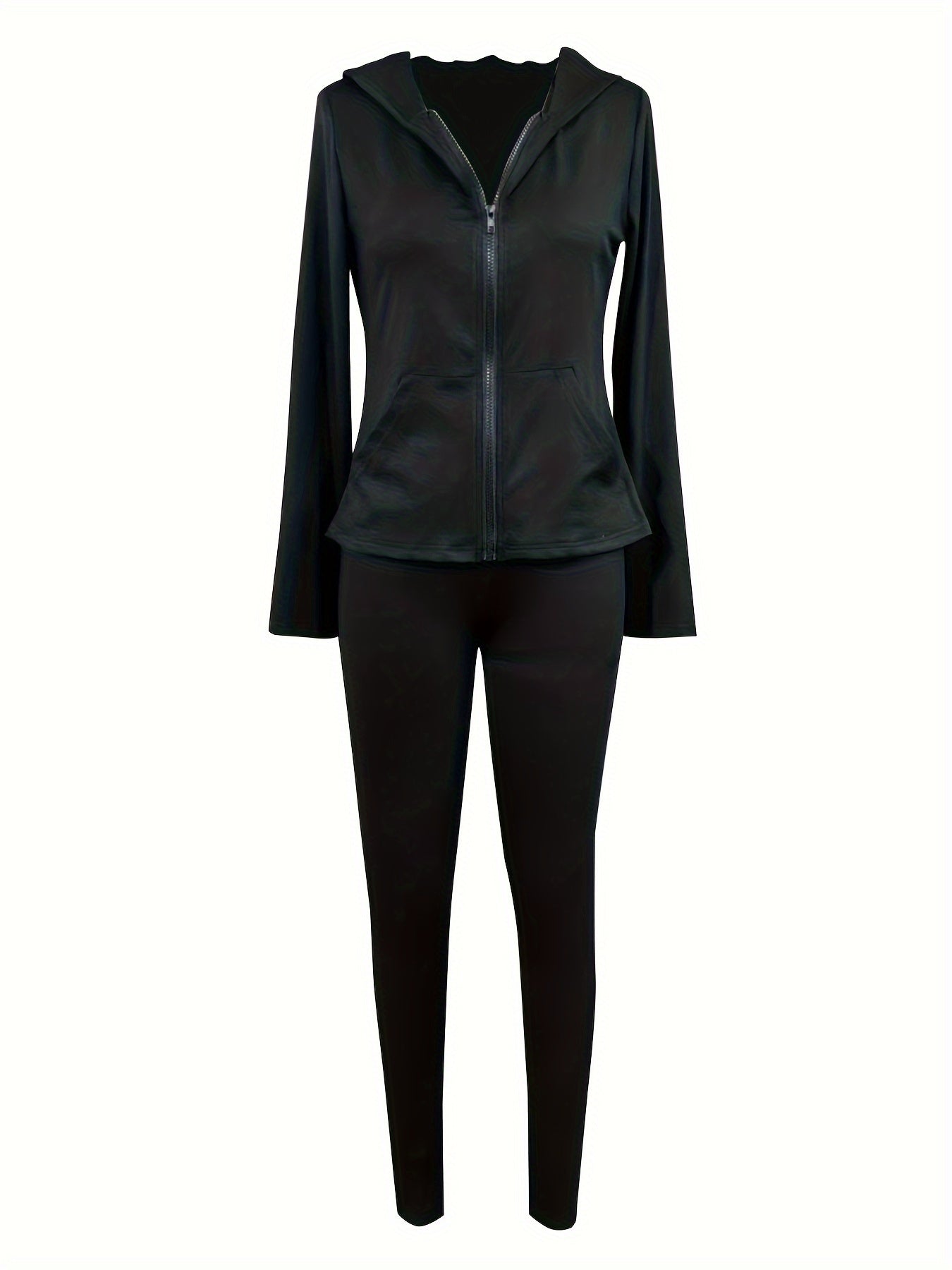 vlovelaw Solid Two-piece Set, Casual Zip Up Slim Hoodie & Skinny Pants Outfits, Women's Clothing