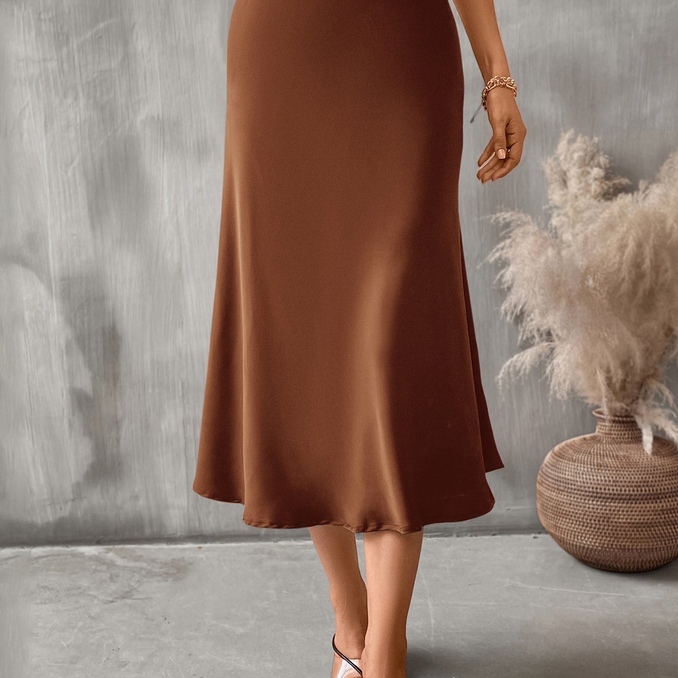 vlovelaw Satin Mid Length Skirts, Elegant Solid High Waist Party Skirts, Women's Clothing