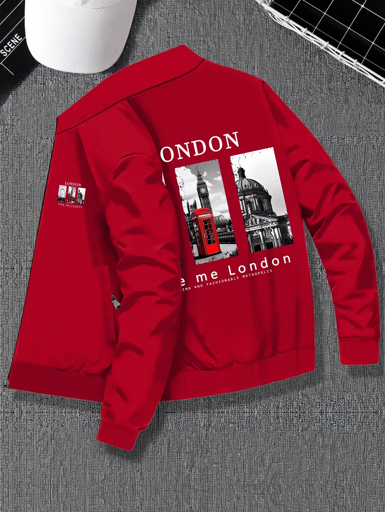 Plus Size Men'S Varsity Jacket with Stand Collar, Casual Polyester Blend, Zipper Closure, Regular Fit, No Lining, Stretch Fabric, Pockets, London Print Design