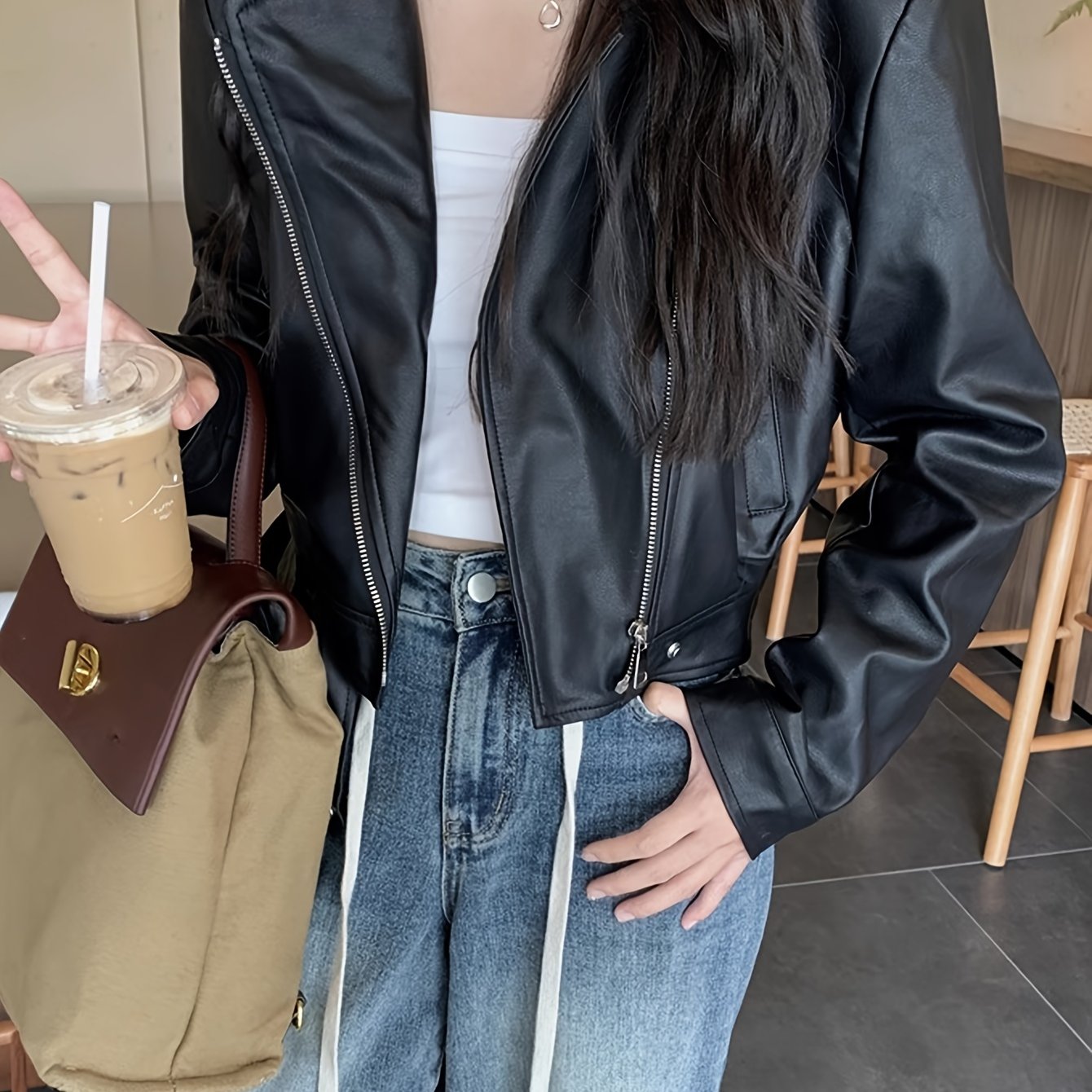 Faux Leather Zip-up Jacket, Casual Long Sleeve Crop Biker Jacket For Fall & Winter, Women's Clothing