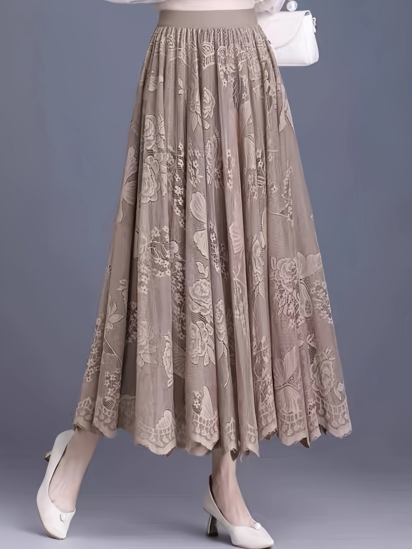 vlovelaw Solid Floral Pattern Pleated Skirt, Elegant Elastic Waist Skirt For Spring & Fall, Women's Clothing