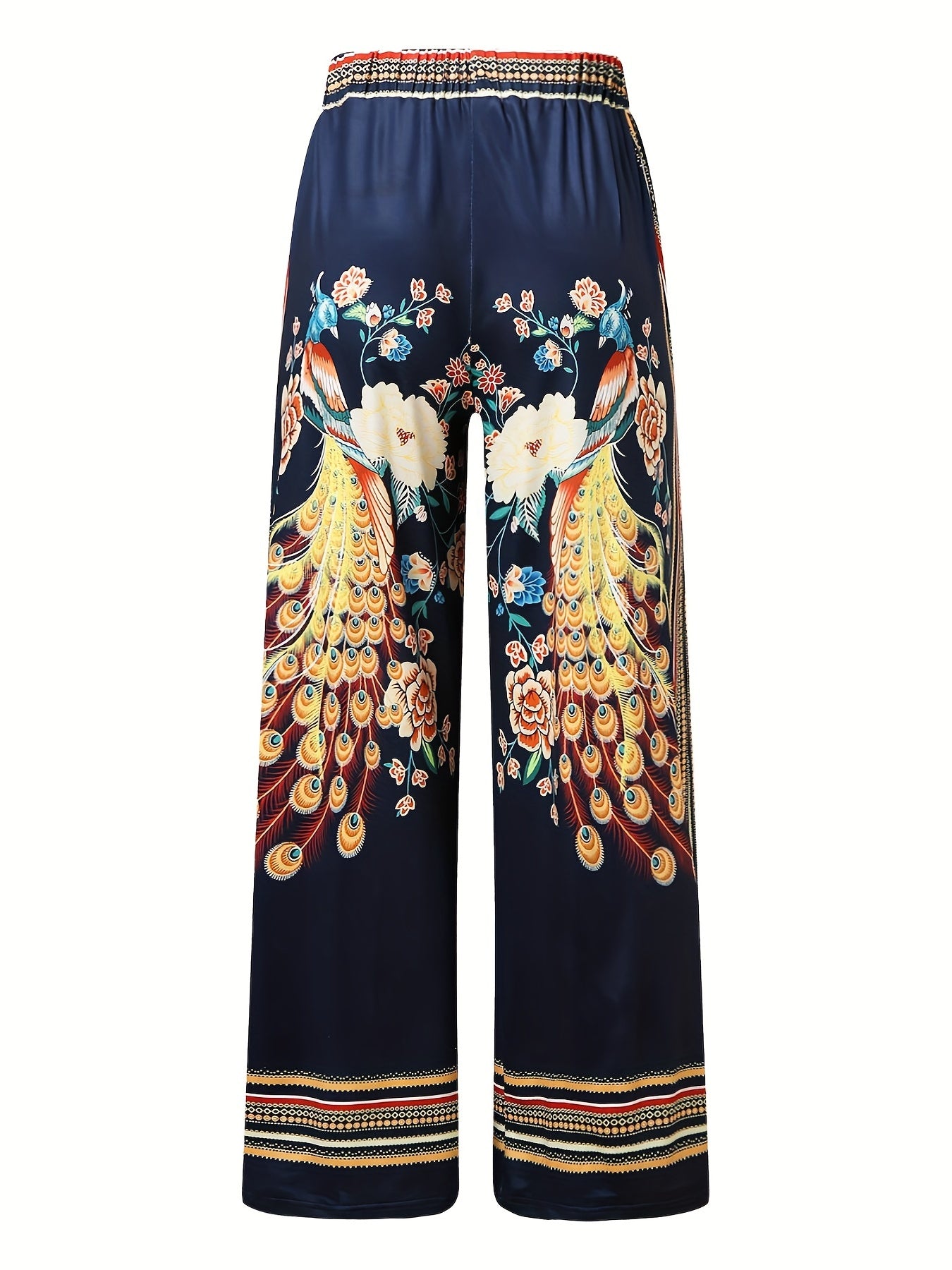 Peacock Print Wide Leg Pants, Retro Drawstring Long Length Palazzo Pants, Women's Clothing