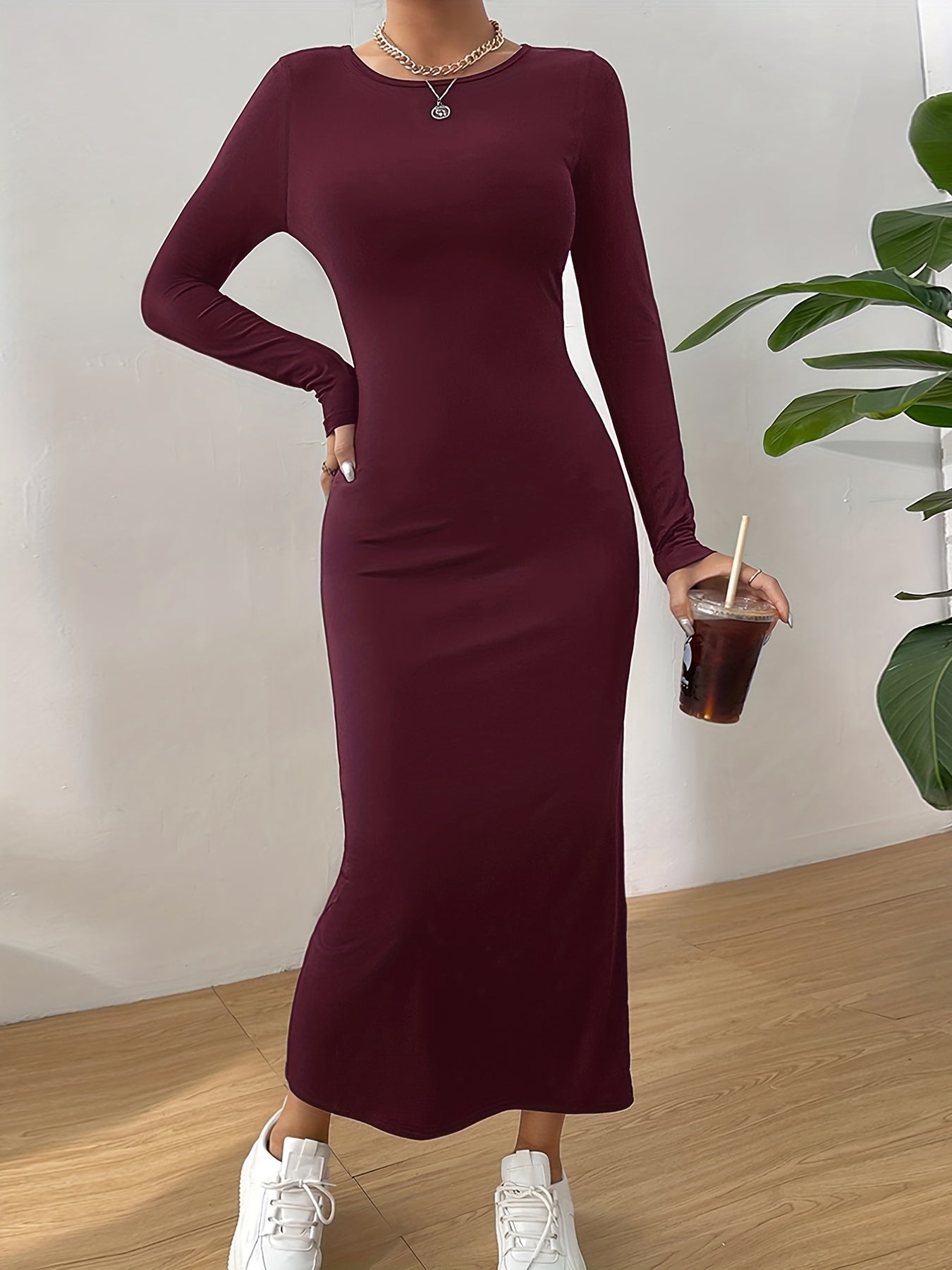 Solid Crew Neck Slim Dress, Elegant Long Sleeve Midi Dress, Women's Clothing