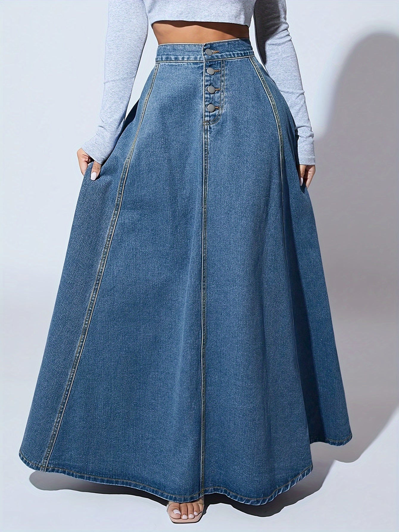 vlovelaw Single-breasted Button Denim Midi Skirt, High Waist A-line Vintage Elegant Denim Skirts, Women's Denim Clothing
