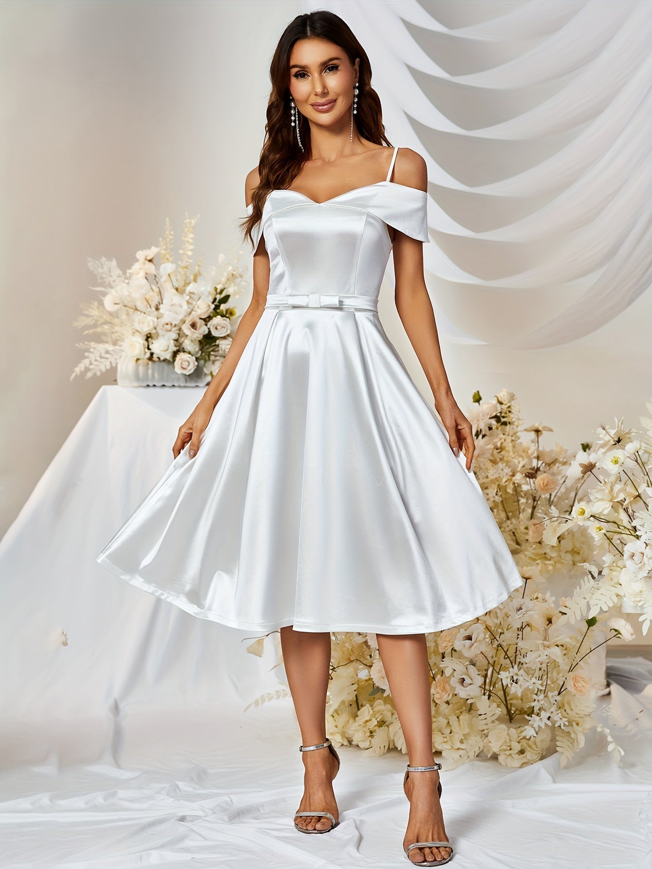 vlovelaw Cold Shoulder V Neck Dress, Elegant Strap Flare Dress For Party & Banquet, Women's Clothing