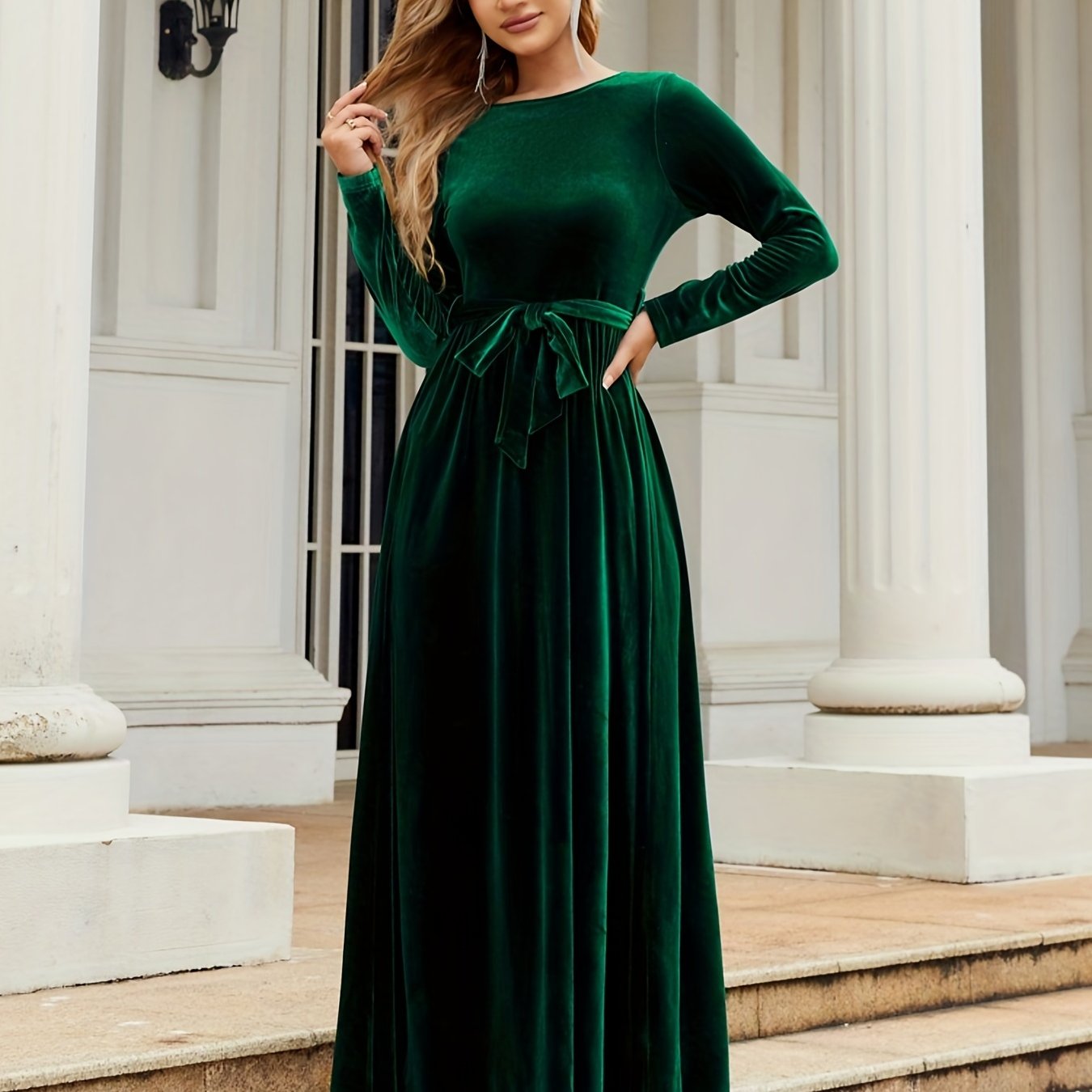 Solid Belted Ankle Dress, Elegant Boat Neck Long Sleeve Dress, Women's Clothing