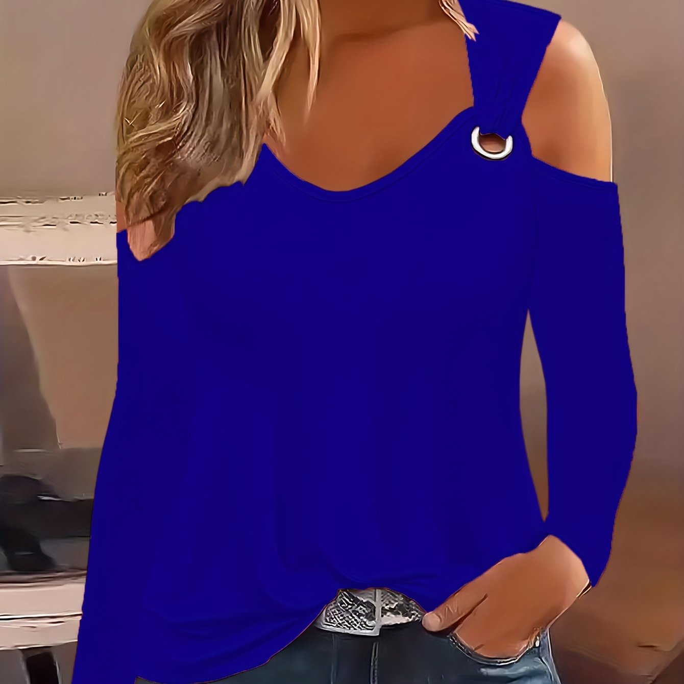 vlovelaw Solid Ring Detail Crew Neck T-Shirt, Casual Cold Shoulder Long Sleeve Top For Spring & Fall, Women's Clothing