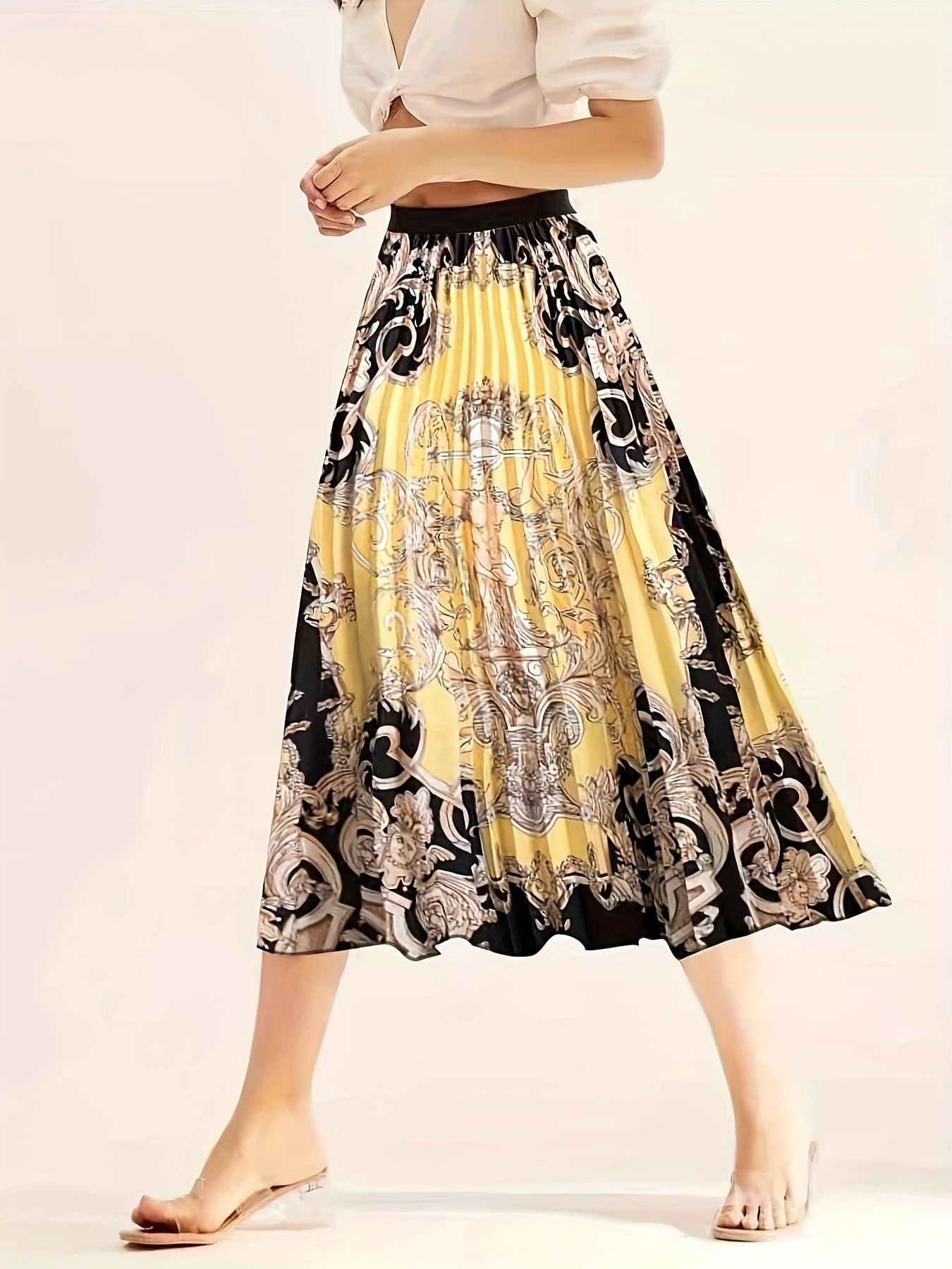 Plus Size Elegant Skirt, Women's Plus Baroque Print Elastic Waist High Rise Pleated Maxi Skirt