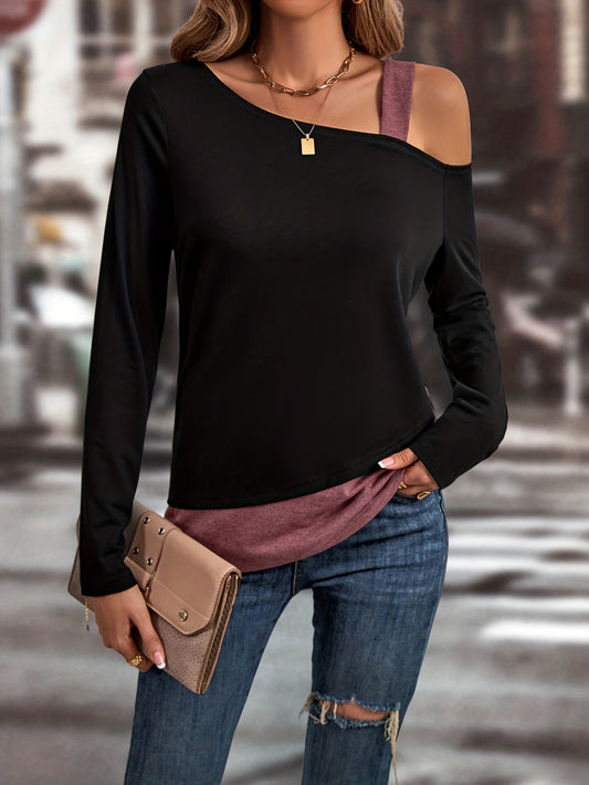 Colorblock Cold Shoulder T-Shirt, Casual Long Sleeve Top For Spring & Fall, Women's Clothing