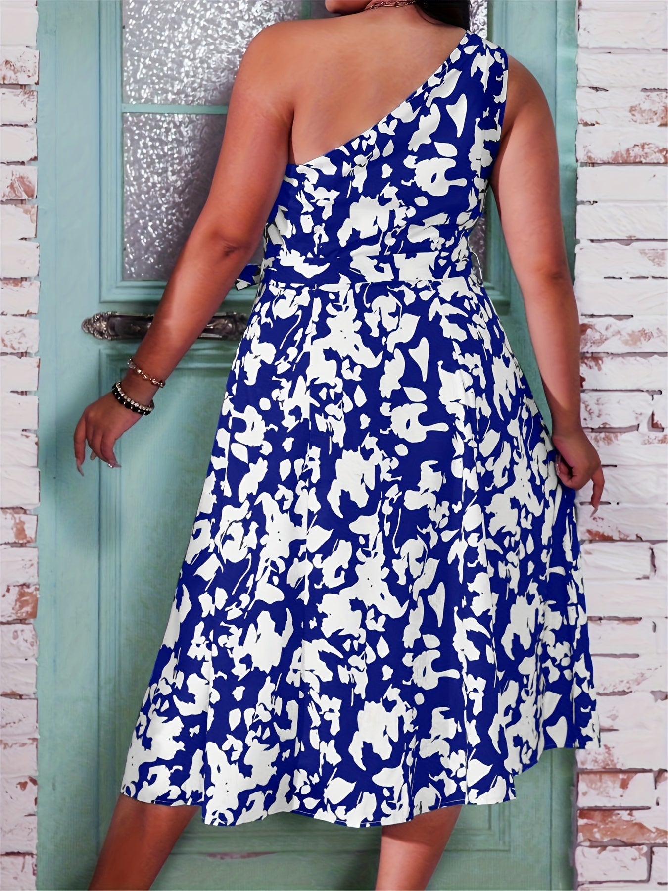 vlovelaw Plus Size Elegant Dress, Women's Plus Geometric Print One Shoulder Split Hem Party Dress