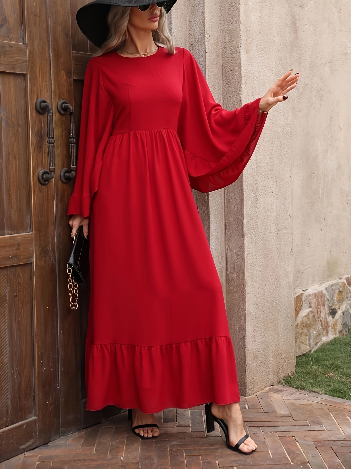 Solid Crew Neck Batwing Sleeve Dress, Cinched Waist Ruffle Hem A-line Dress, Women's Clothing