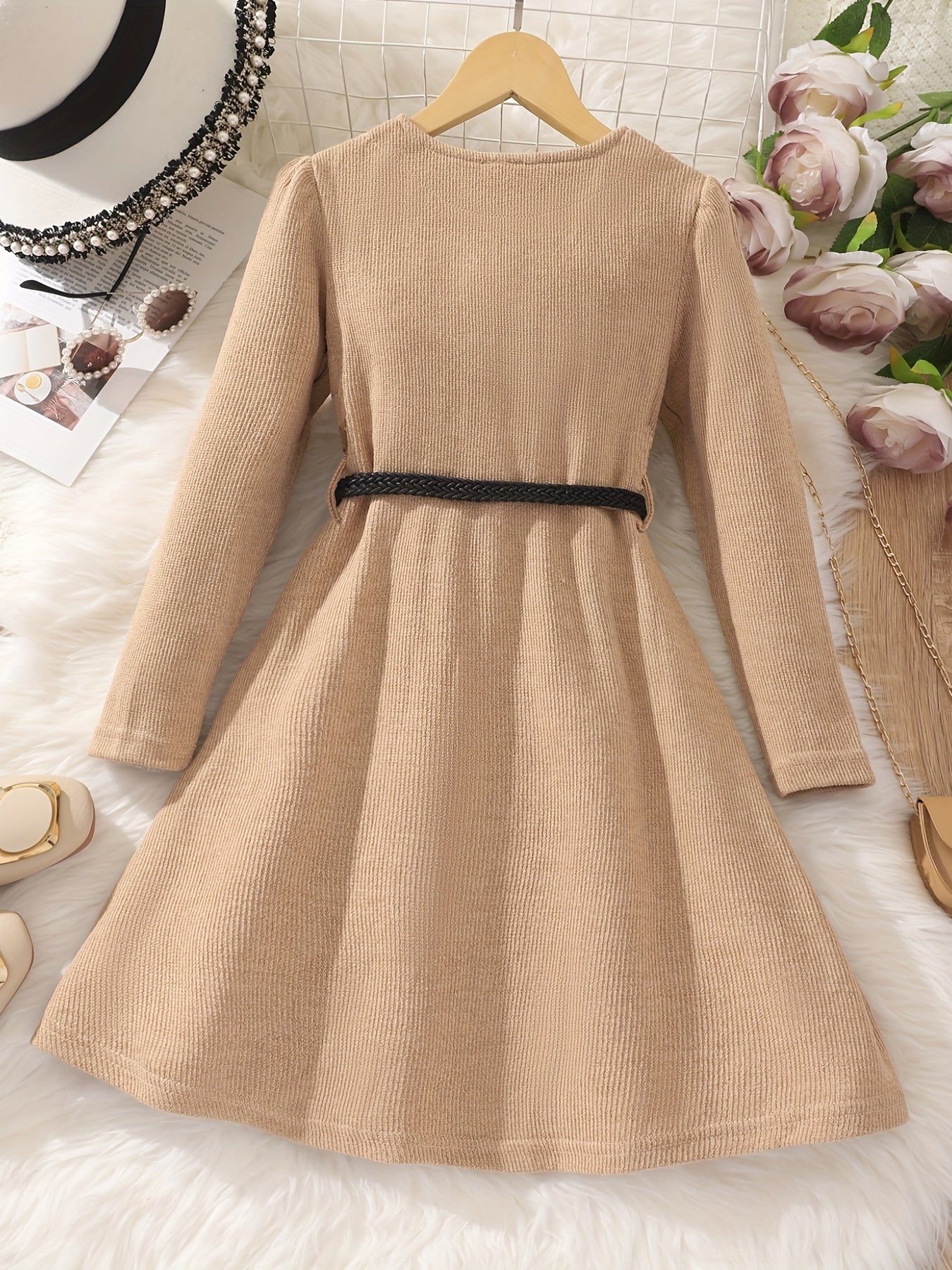 Girl's Elegant Textured Button Up Maxi Dress For Spring/autumn, Kids Clothing