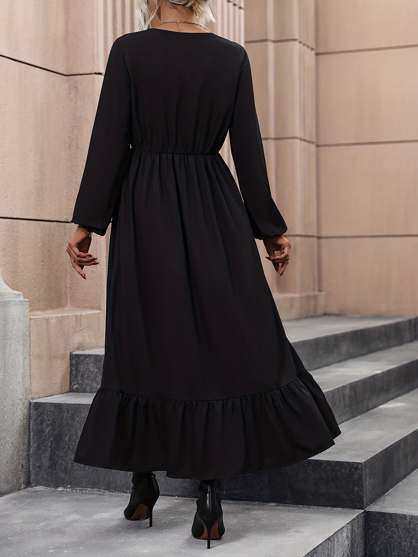 High Waist Simple Dress, Elegant V Neck Long Sleeve Midi Dress, Women's Clothing