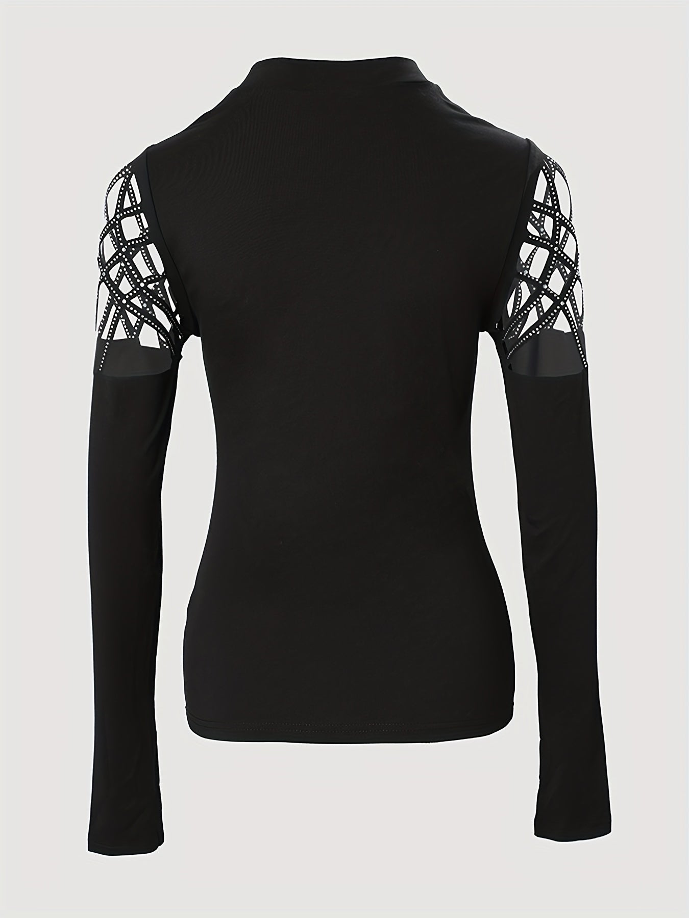 Cutout Rhinestone Decor T-Shirt, Casual Long Sleeve Top For Spring & Fall, Women's Clothing