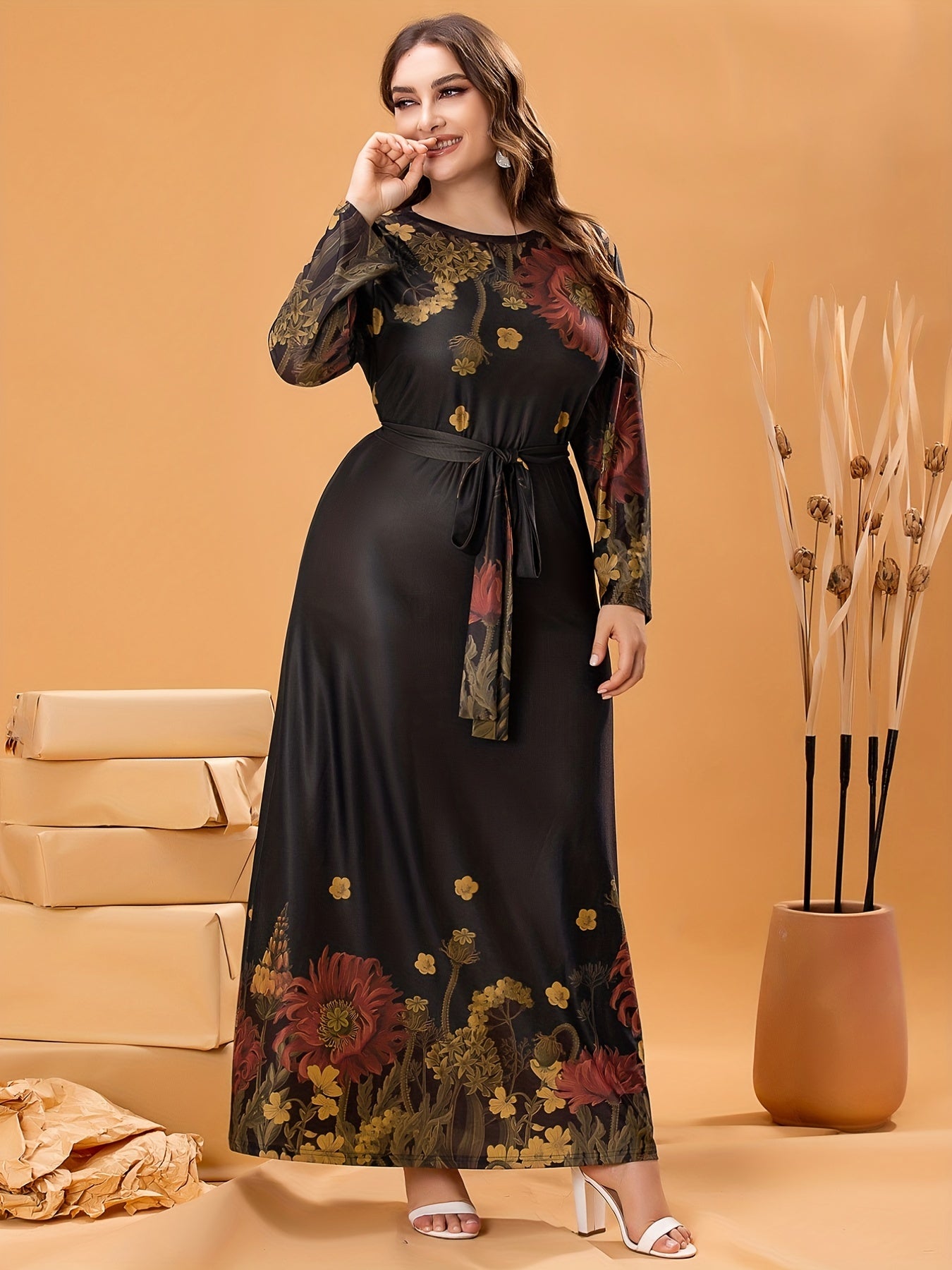 Plus Size Elegant Dress, Women's Plus Floral Print Long Sleeve Round Neck Maxi Dress With Belt
