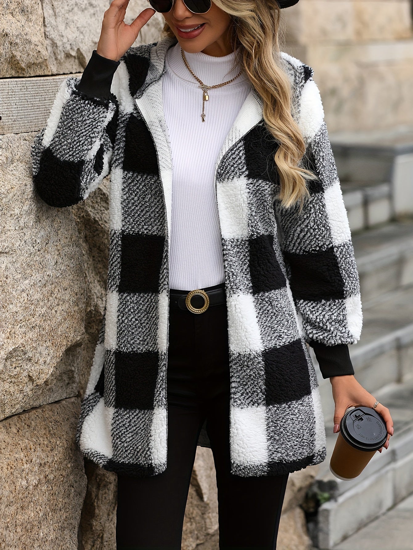 vlovelaw Plaid Print Open Front Fuzzy Coat, Casual Long Sleeve Hooded Coat For Fall & Winter, Women's Clothing