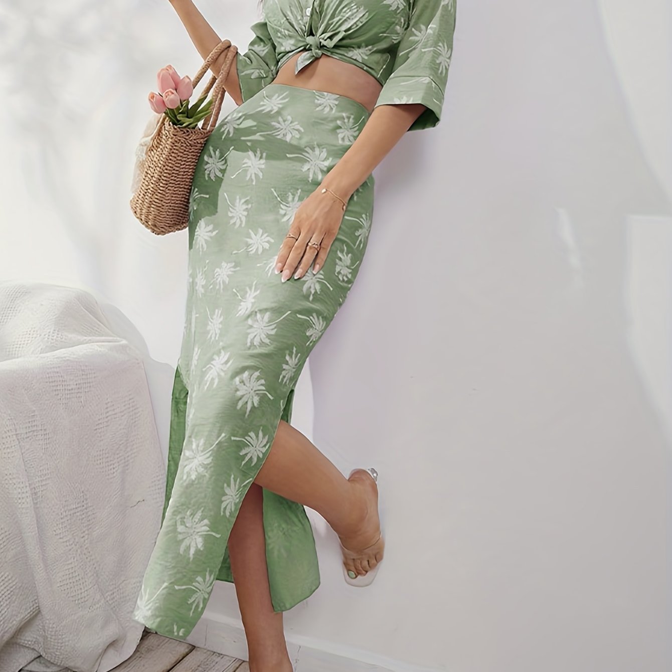 vlovelaw Coconut Tree Print Two-piece Set, Button Front Cropped Shirt & High Waist Split Skirts Outfits, Women's Clothing
