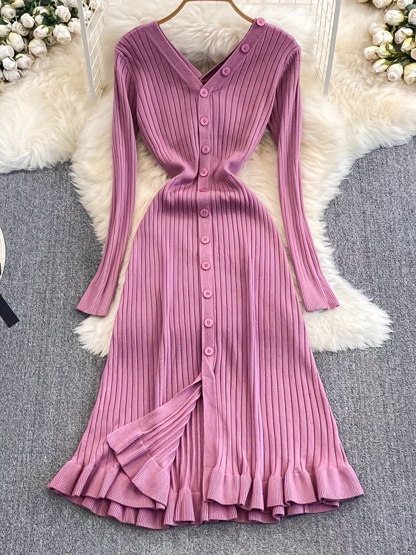 vlovelaw Button Front Ruffle Hem Dress, Chic Long Sleeve V Neck Ribbed Dress, Women's Clothing