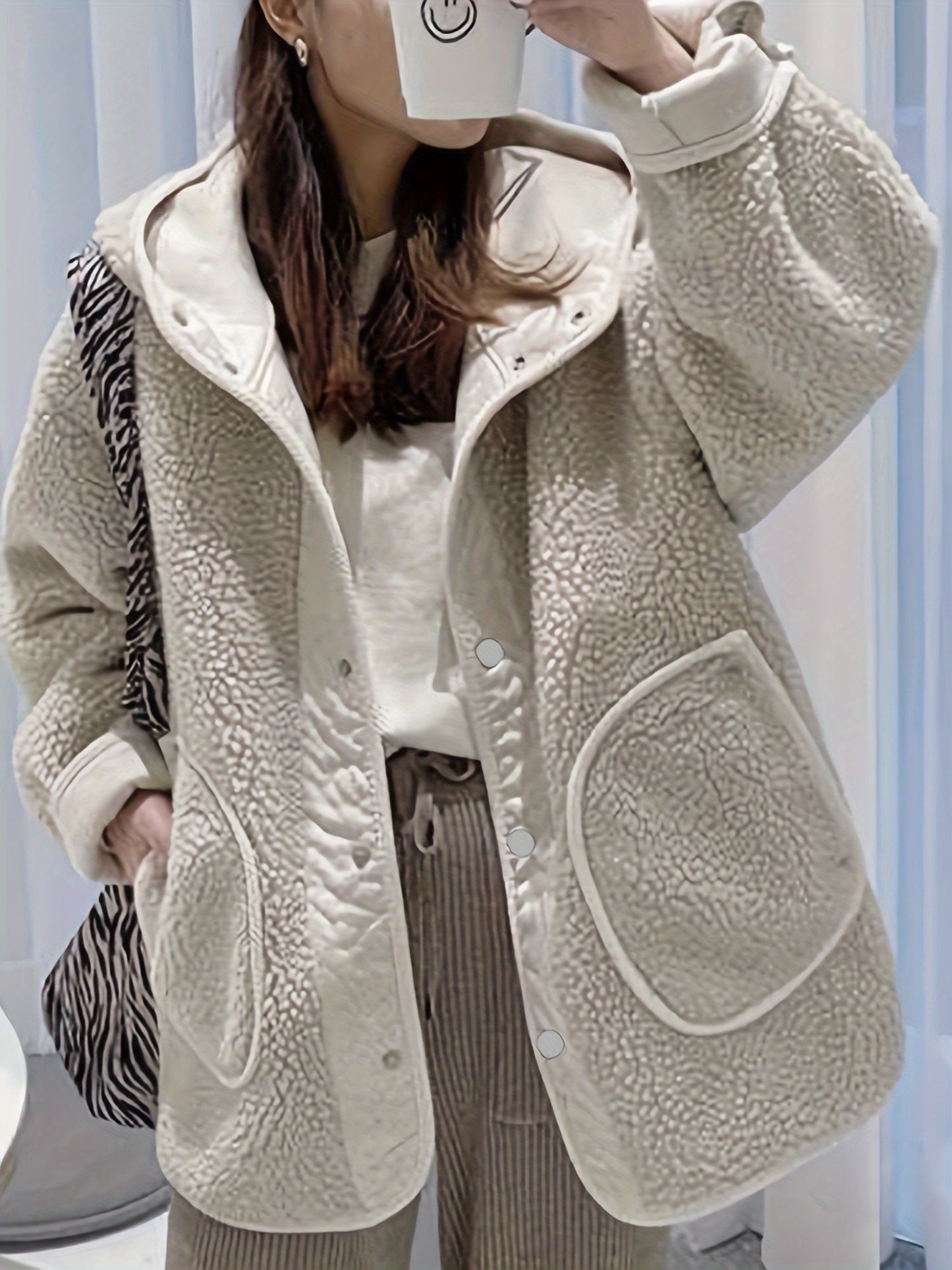 vlovelaw Solid Hooded Teddy Coat, Casual Button Front Long Sleeve Winter Outerwear, Women's Clothing
