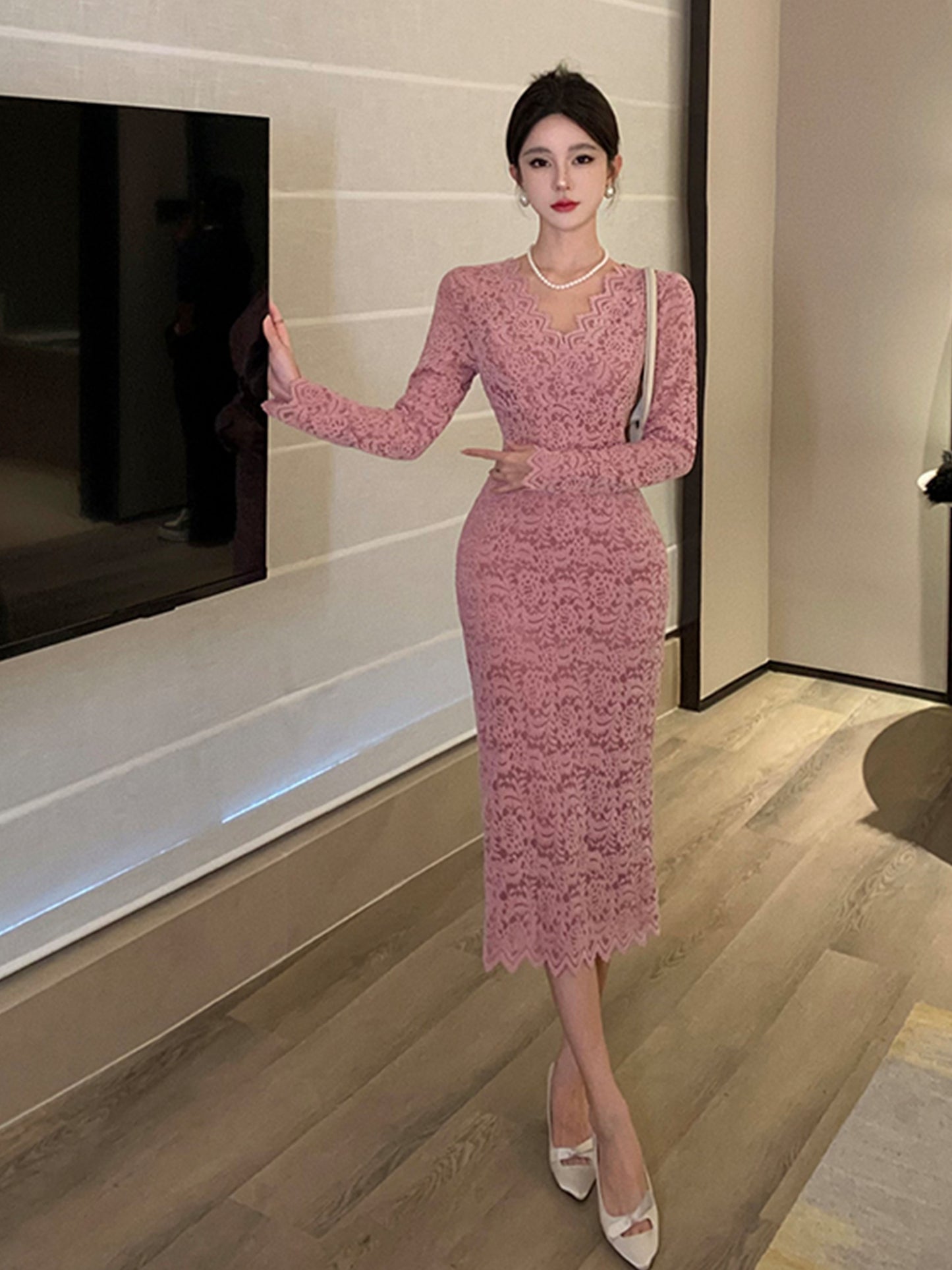 vlovelaw Solid V-neck Slim Dress, Elegant Long Sleeve Bodycon Dress For Spring & Fall, Women's Clothing
