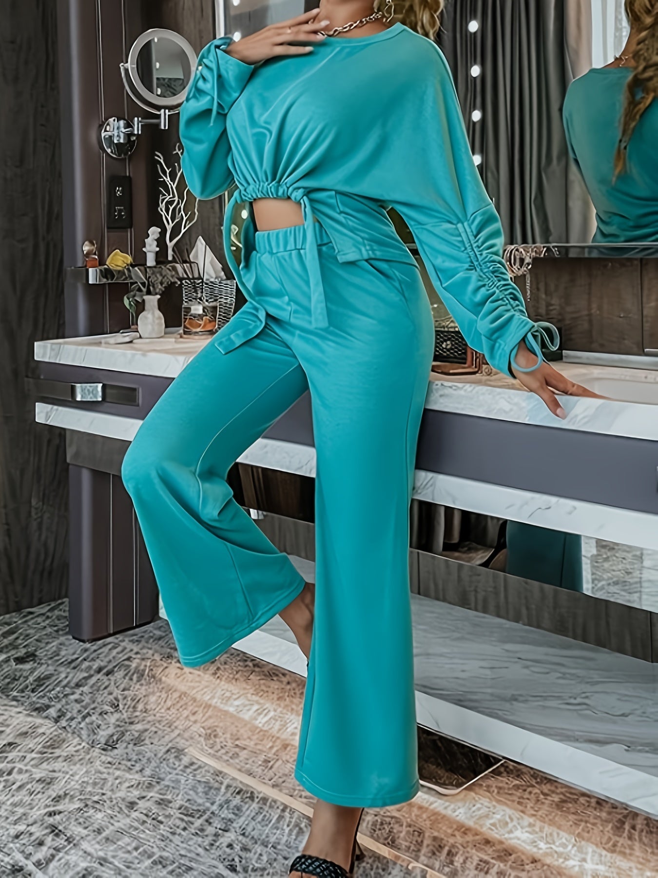 vlovelaw Sexy Solid Pantsuits Two-piece Set, Round Neck Pleated Tops & Loose Wide Leg High-waisted Pants Set, Women's Clothing
