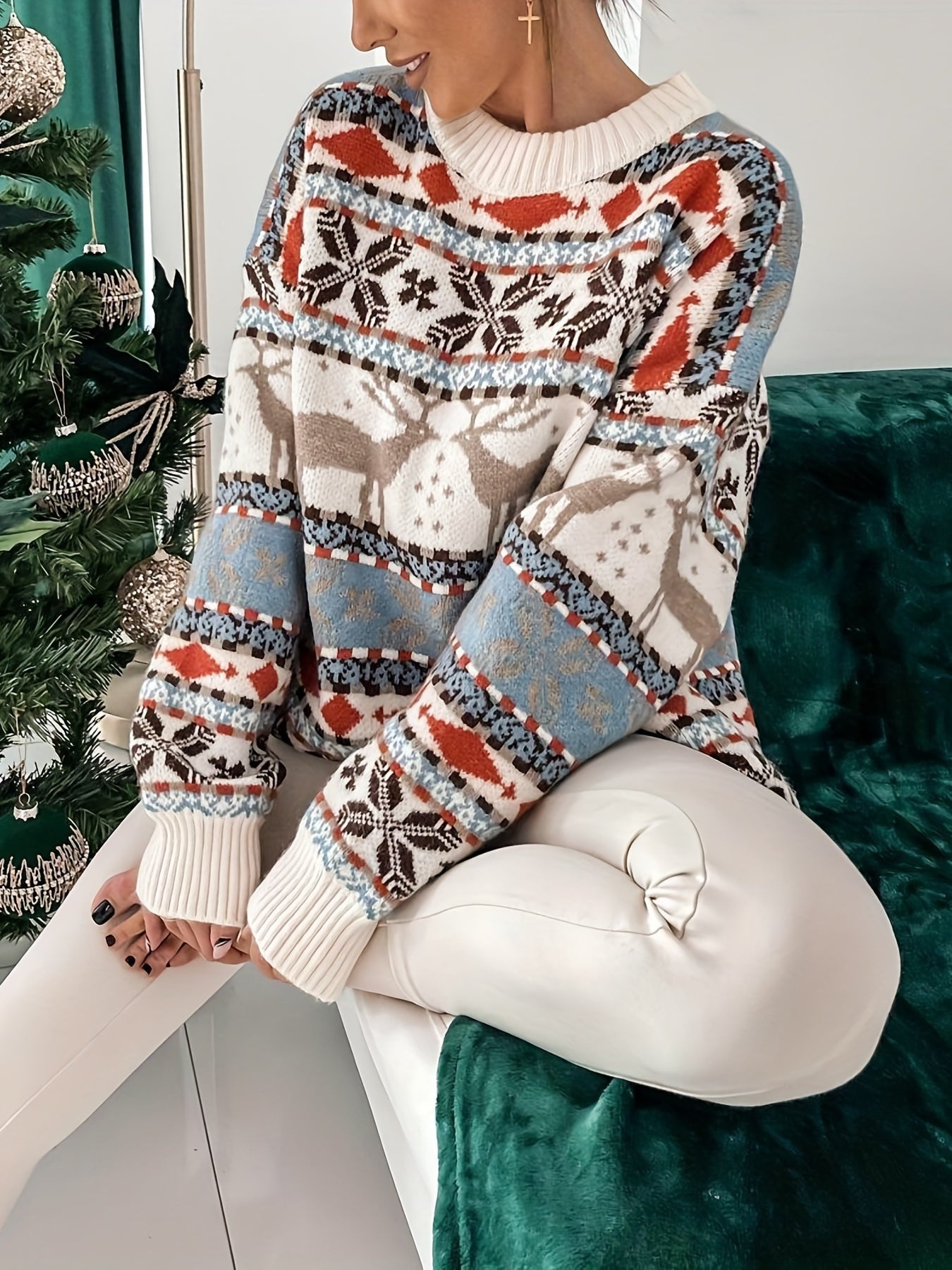 Christmas Crew Neck Pullover Sweater, Cute Long Sleeve Oversized Sweater, Women's Clothing