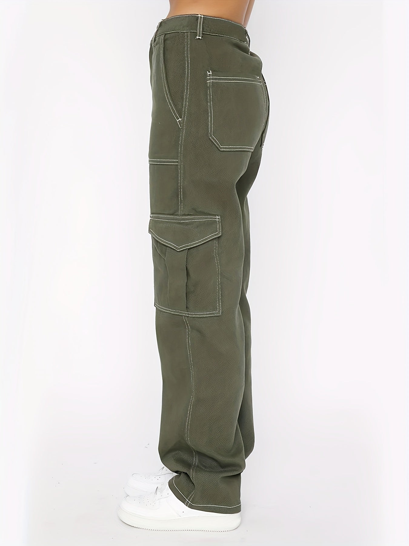 vlovelaw Army Green Cargo Pants, Flap Pockets High Waist Loose Fit Non-Stretch Casual Denim Pants, Y2K Kpop Vintage Style, Women's Denim Jeans & Clothing