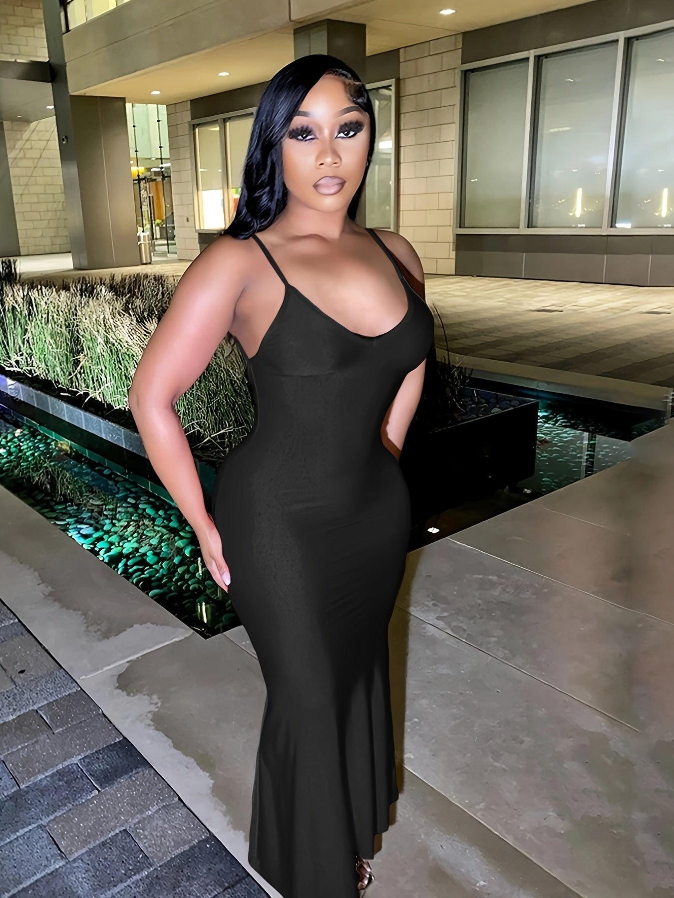Backless Spaghetti Strap Dress, Sexy V Neck Solid Bodycon Party Club Dress, Women's Clothing