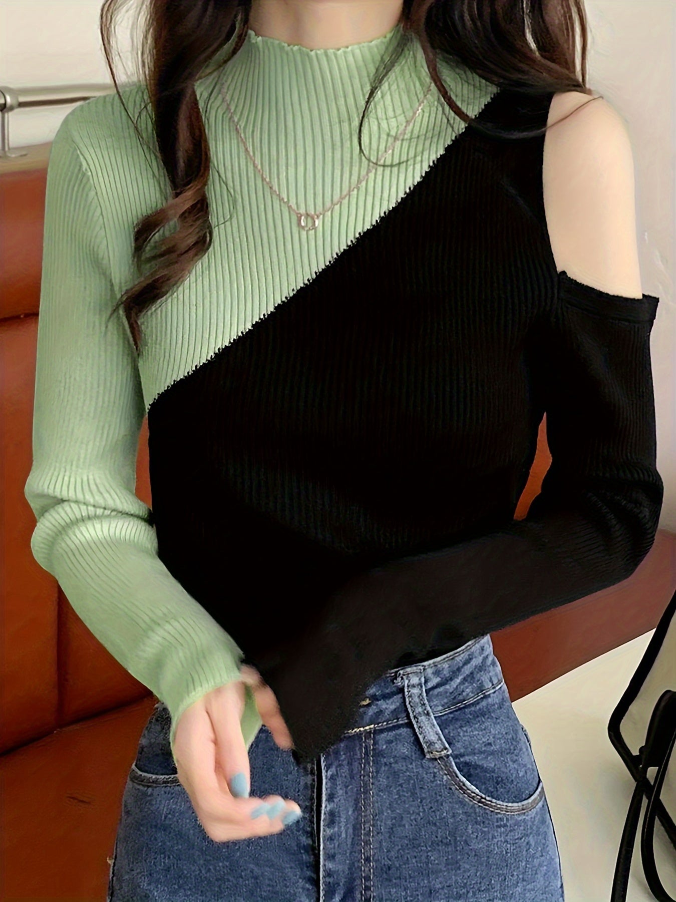 vlovelaw Color Block Pullover Sweater, Casual Cold Shoulder Mock Neck Long Sleeve Top, Women's Clothing
