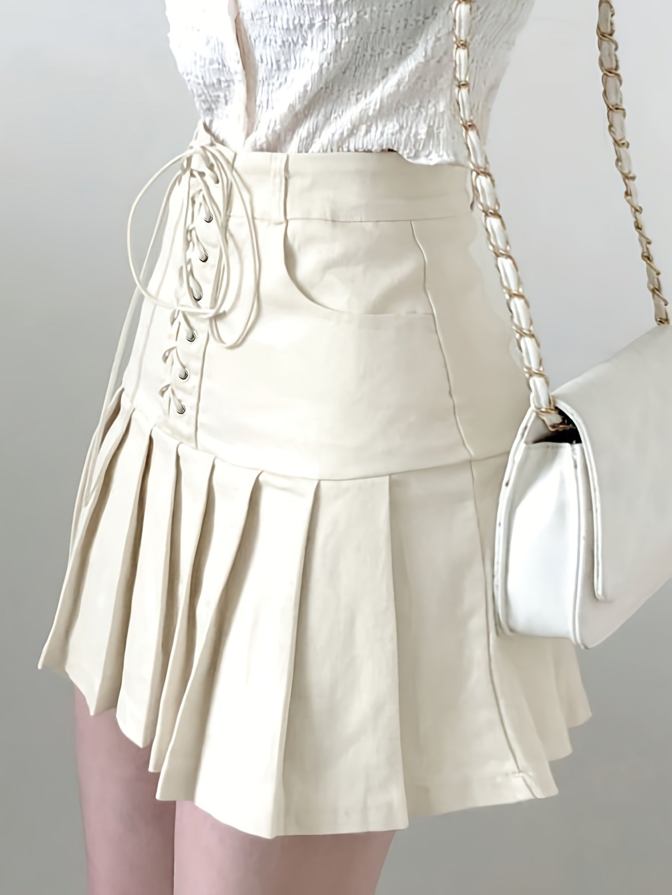 vlovelaw Lace Up Pleated Skirt, Casual Mini Skirt For Spring & Summer, Women's Clothing
