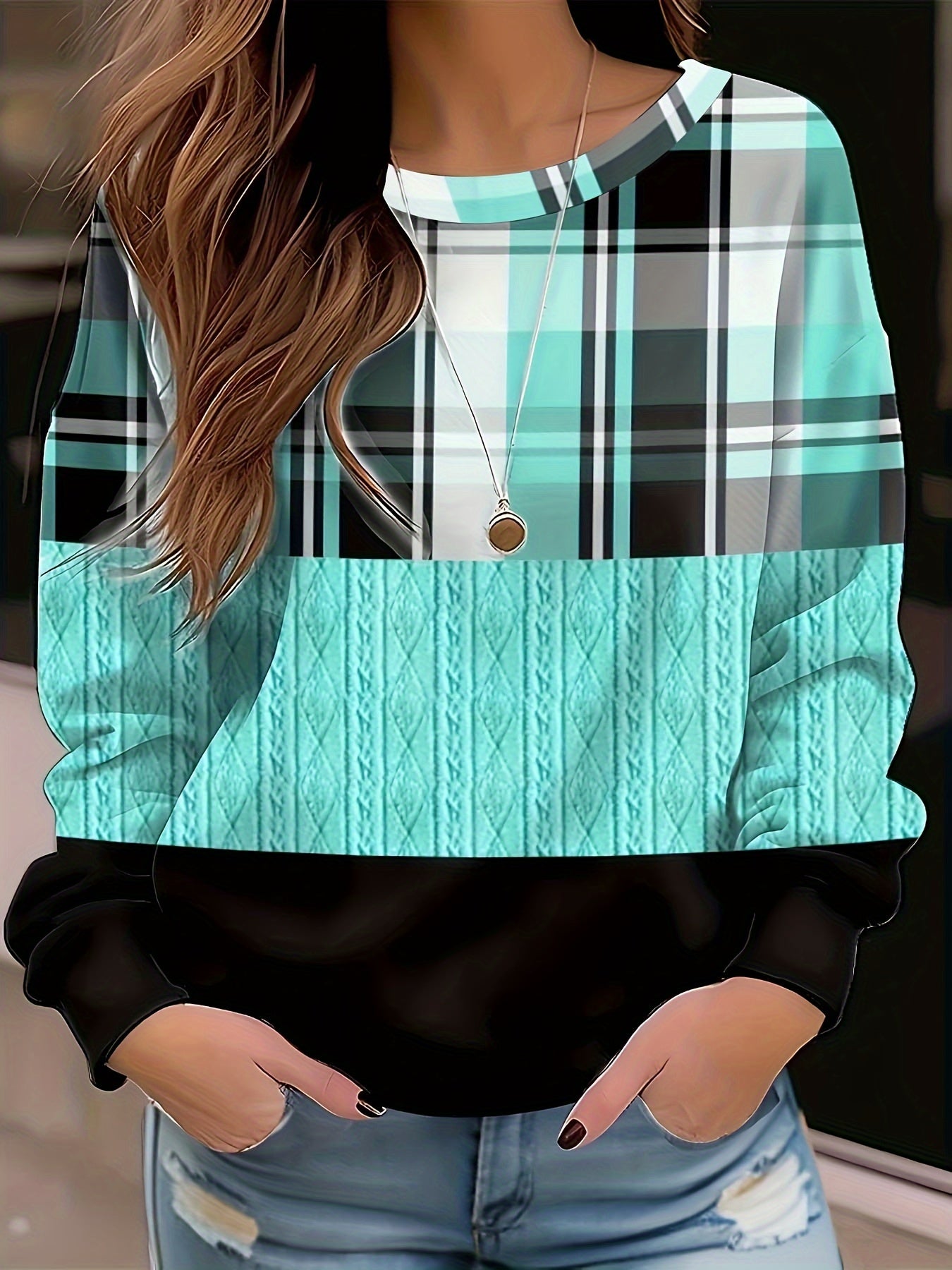 vlovelaw Color Block Plaid Print Sweatshirt, Casual Crew Neck Long Sleeve Sweatshirt, Women's Clothing