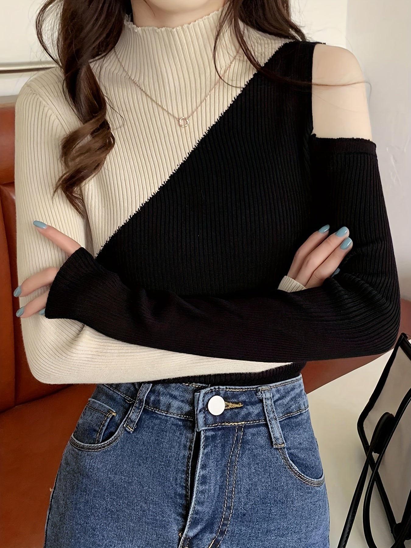 vlovelaw Color Block Pullover Sweater, Casual Cold Shoulder Mock Neck Long Sleeve Top, Women's Clothing