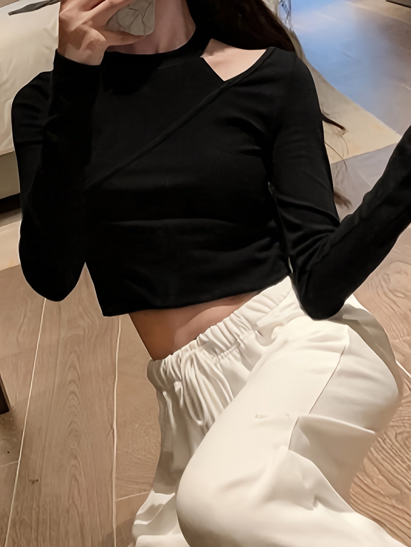 Solid Cut Out T-Shirt, Casual Long Sleeve Crop Top, Women's Clothing