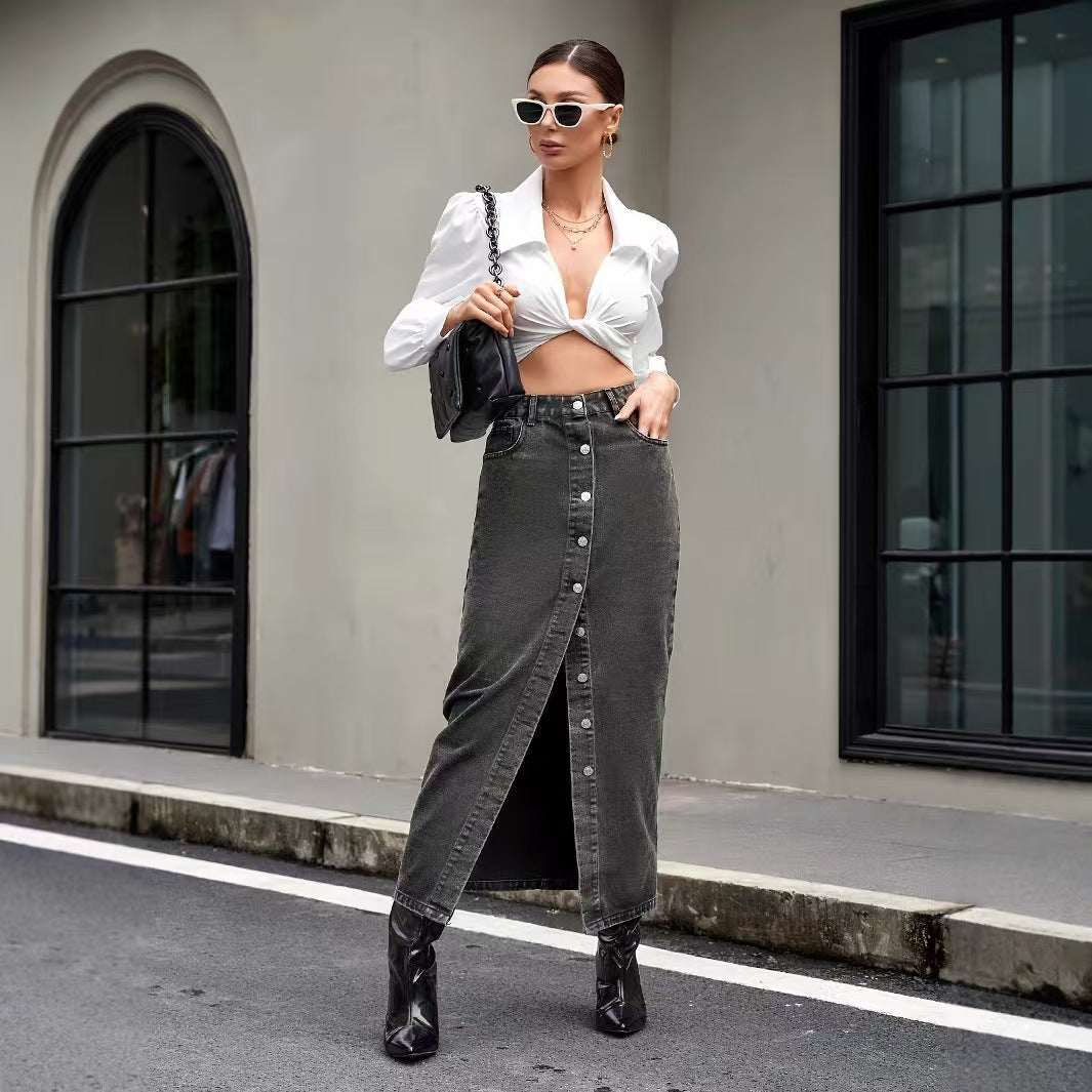 vlovelaw Single Breasted Button Split Denim Midi Skirt, Slant Pockets Non-Stretch Denim Skirt, Women's Denim Clothing