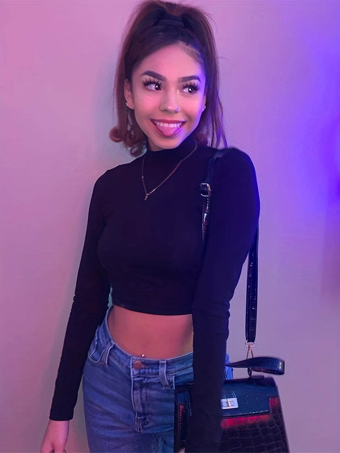 vlovelaw Backless Cropped T-shirt, Sexy Solid Crew Neck Long Sleeve T-shirt, Women's Clothing