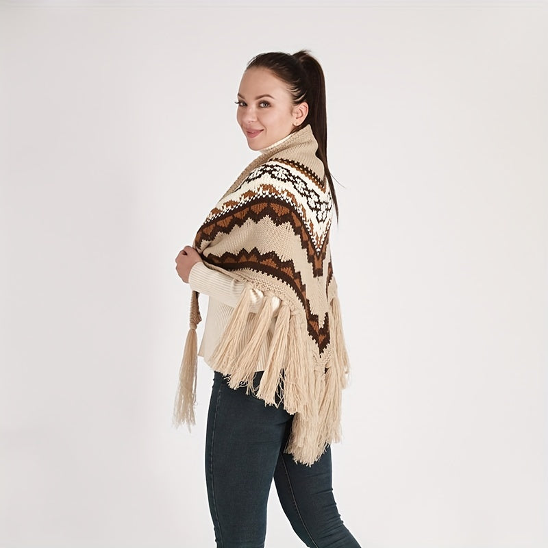 vlovelaw Beige Vintage Triangle Shawl Bohemian Knitted Tassel Warm Wrap Elegant Thick Large Blanket Scarf Windproof Cape For Outdoor Autumn & Winter