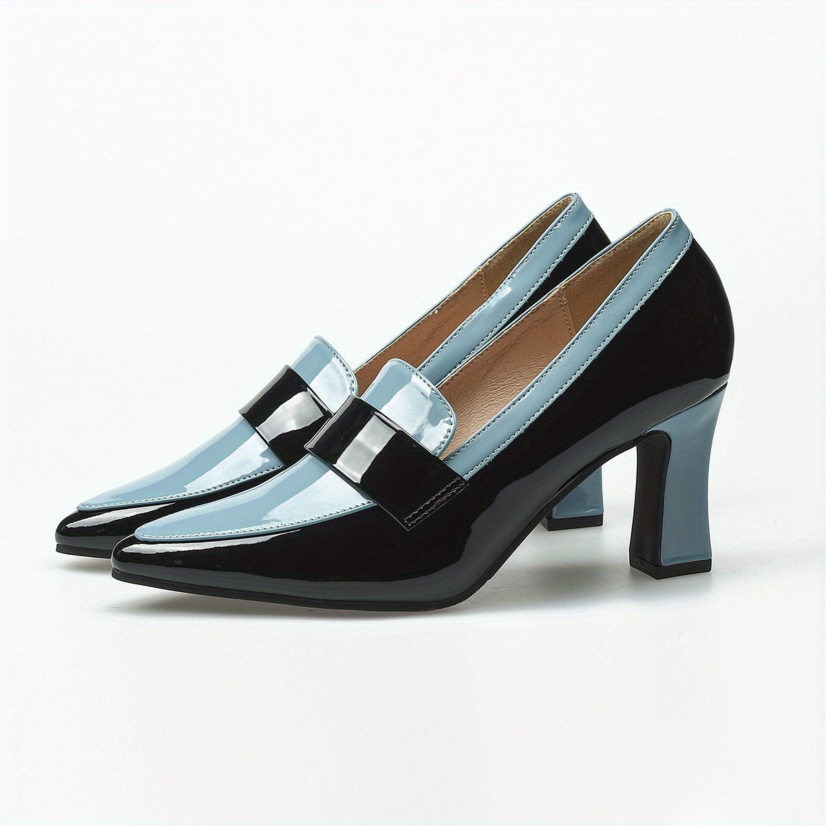 High Heel Womens Mary-Jane Colorblock Pumps - Water-Resistant, Soft Synthetic Leather Upper, Chunky Block Heel, Pointed Toe, Versatile Style for Fall - Glamorous and Comfortable Shoes for Middle East Fashion