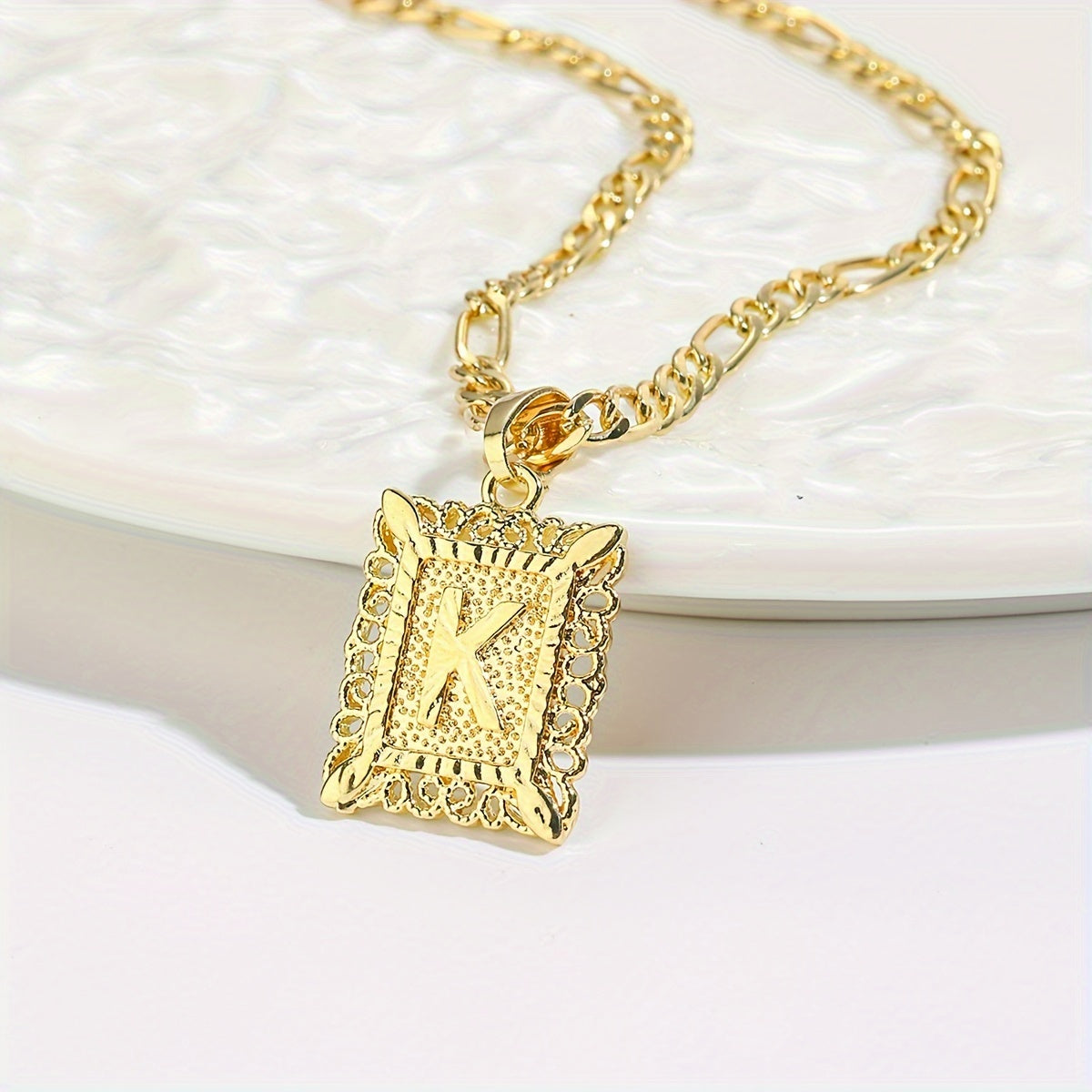 18K Gold Plated Square Monogram Pendant Necklace - Fashionable Personalized Alphabet Letter A-Z Figaro Chain Necklace for Men and Women - Copper Material, No Magnetic, No Mosaic, Plating-Free, Stylish Jewelry for Any Occasion