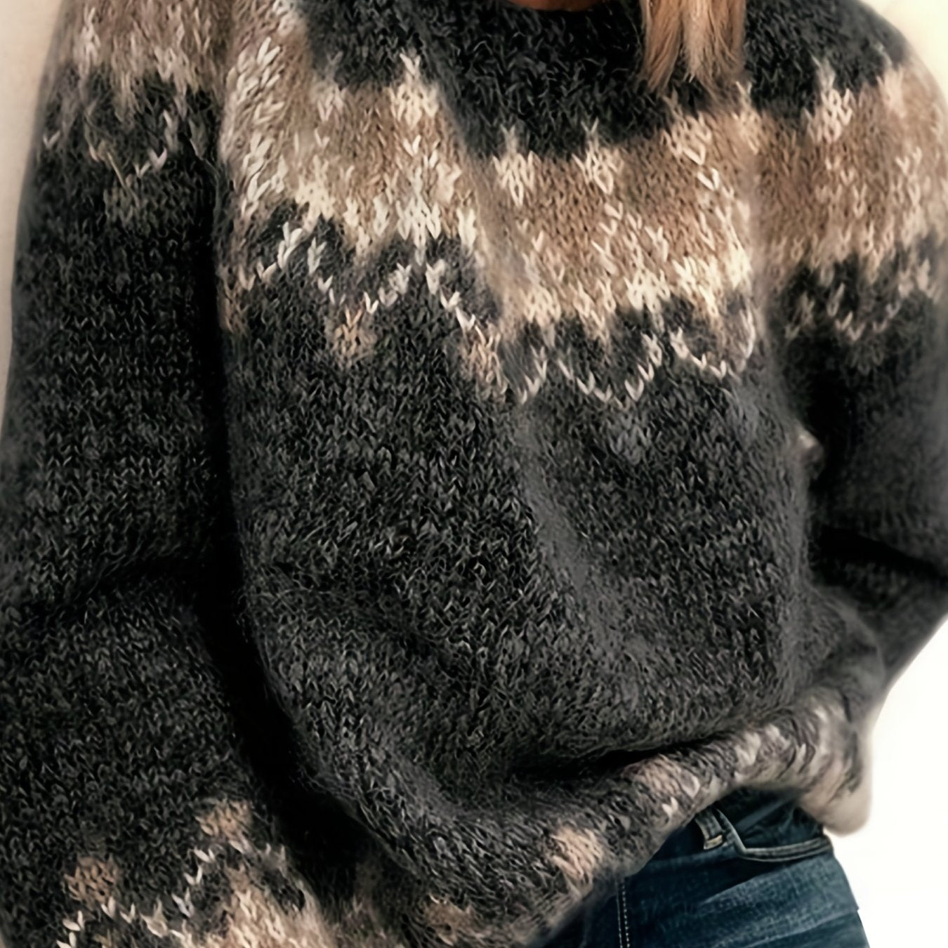 Color Block Mohair Chunky Knit Pullover Sweater, Casual Long Sleeve Raglan Shoulder Sweater For Fall & Winter, Women's Clothing