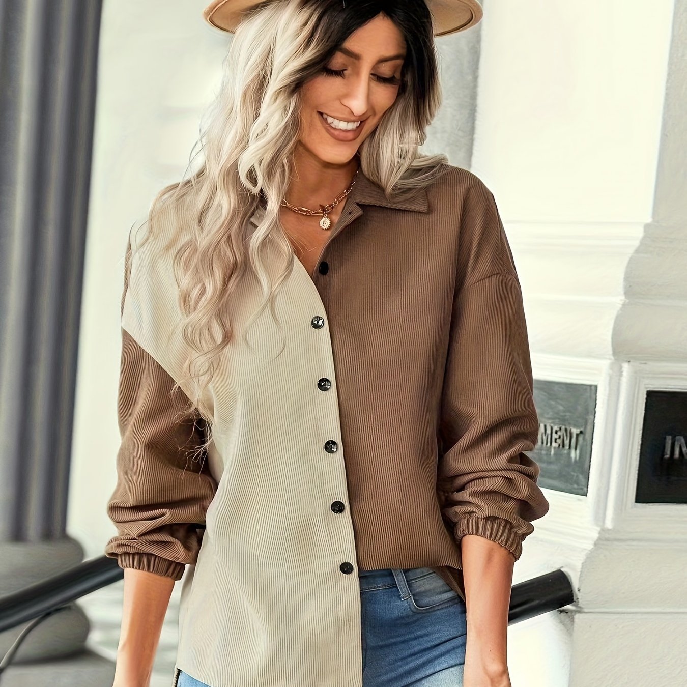 Color Block Button Front Shirt, Casual Long Sleeve Lapel Shirt, Women's Clothing