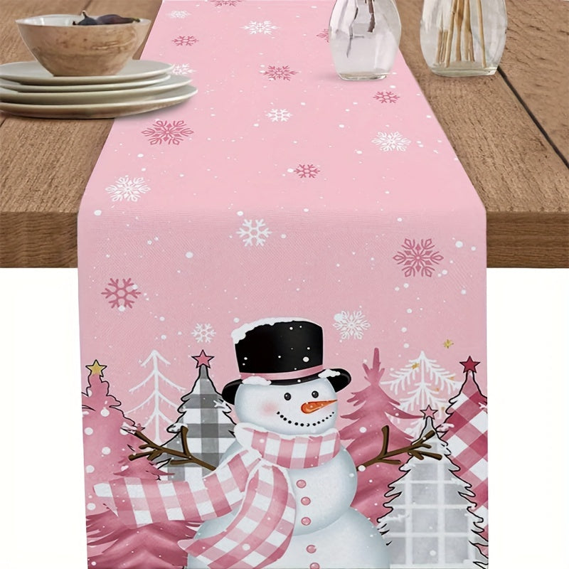 1pc Vibrant Pink Snowman Christmas Table Runner - Long, Farmhouse Style, Snowflake Pattern, Waterproof, Easy to Clean, Perfect for Home Party, Kitchen Dinner, Holiday Table Decoration - Add a Touch of Festive Cheer to Your Celebration