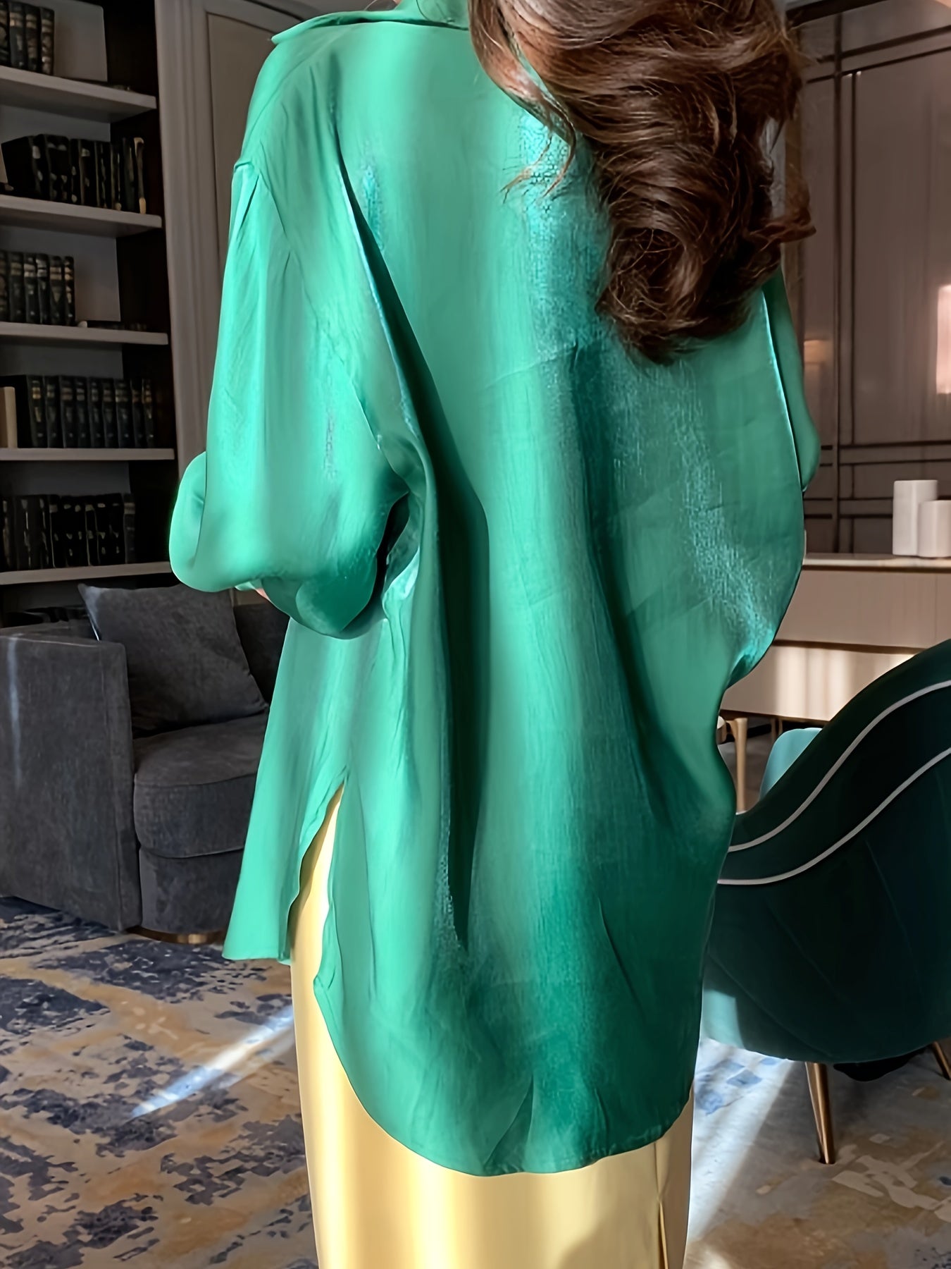 Drop Shoulder Solid Shirt, Elegant Button Front Long Sleeve Shirt, Women's Clothing