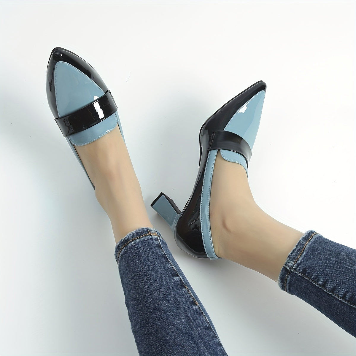 High Heel Womens Mary-Jane Colorblock Pumps - Water-Resistant, Soft Synthetic Leather Upper, Chunky Block Heel, Pointed Toe, Versatile Style for Fall - Glamorous and Comfortable Shoes for Middle East Fashion