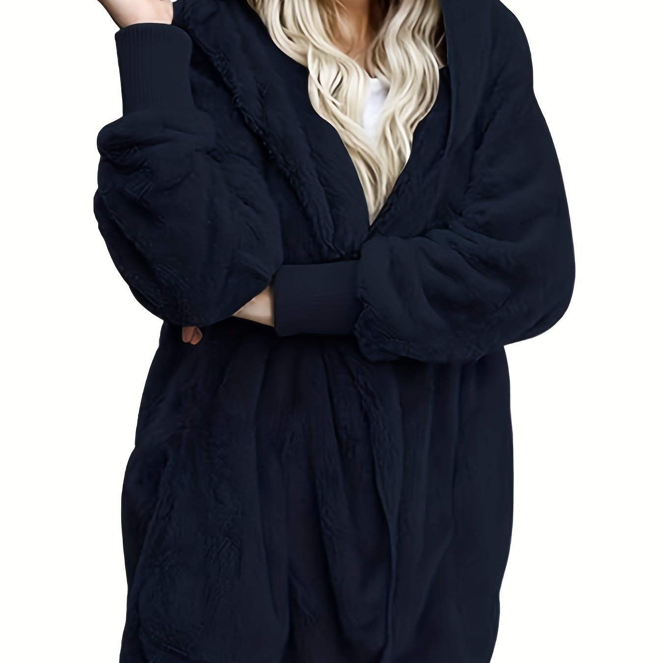 Solid Hooded Fuzzy Coat, Casual Long Sleeve Open Front Coat For Winter & Fall, Women's Clothing