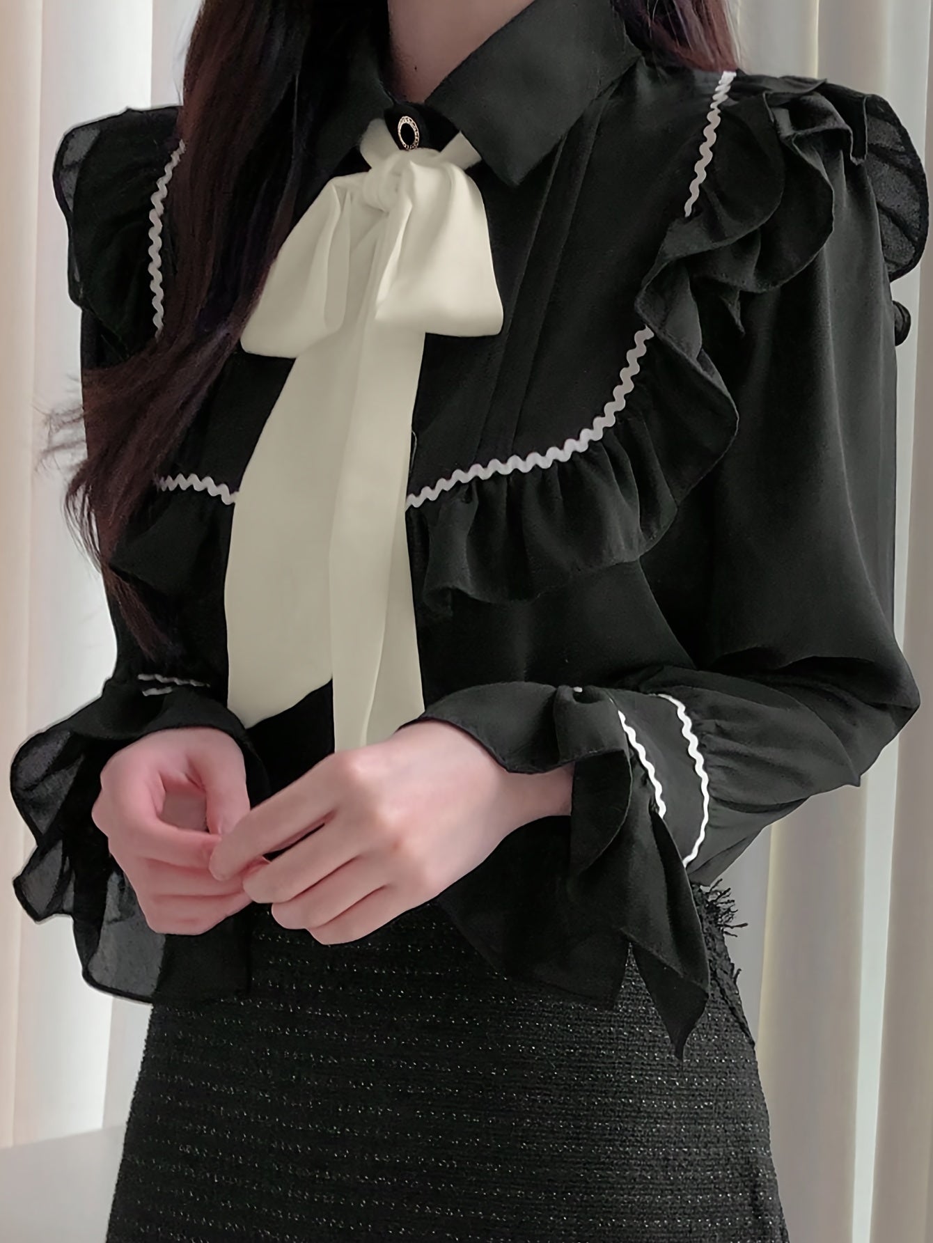 vlovelaw Colorblock Ruffle Trim Tie Neck Blouse, Elegant Long Sleeve Blouse, Women's Clothing