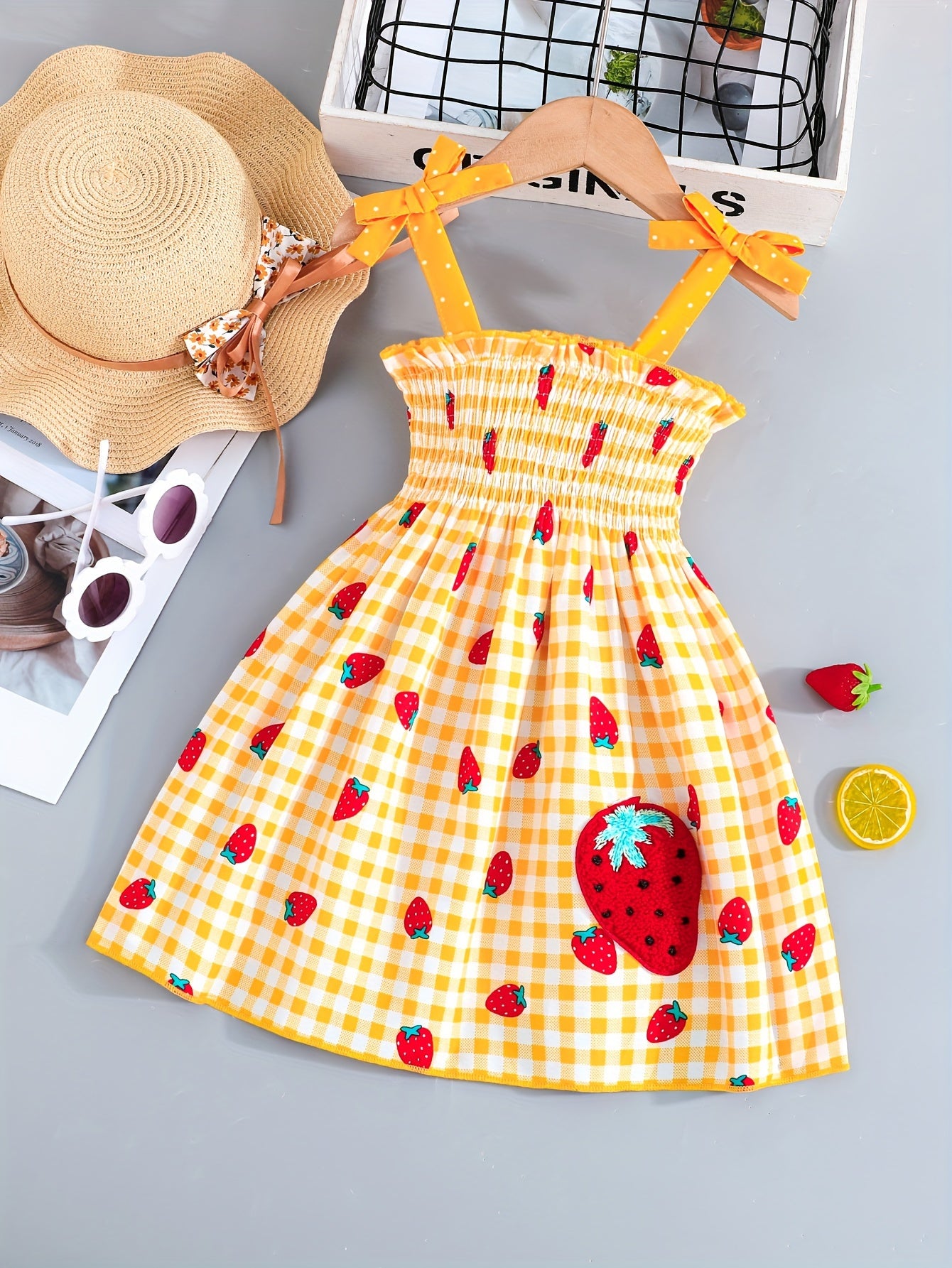 Adorable Sleeveless Strawberry Plaid Print Umbrella Skirt Dress for Girls - Cute Bow Straps, Slight Stretch Fabric, Flared Hem, Regular Fit, Perfect for Summer Holiday Party
