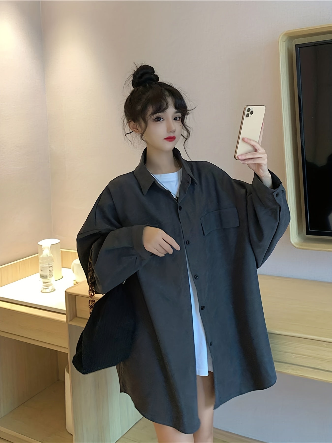 vlovelaw Solid Polo Collar Oversized Shirt, Casual Long Sleeve Button Shirt For Spring & Fall, Women's Clothing