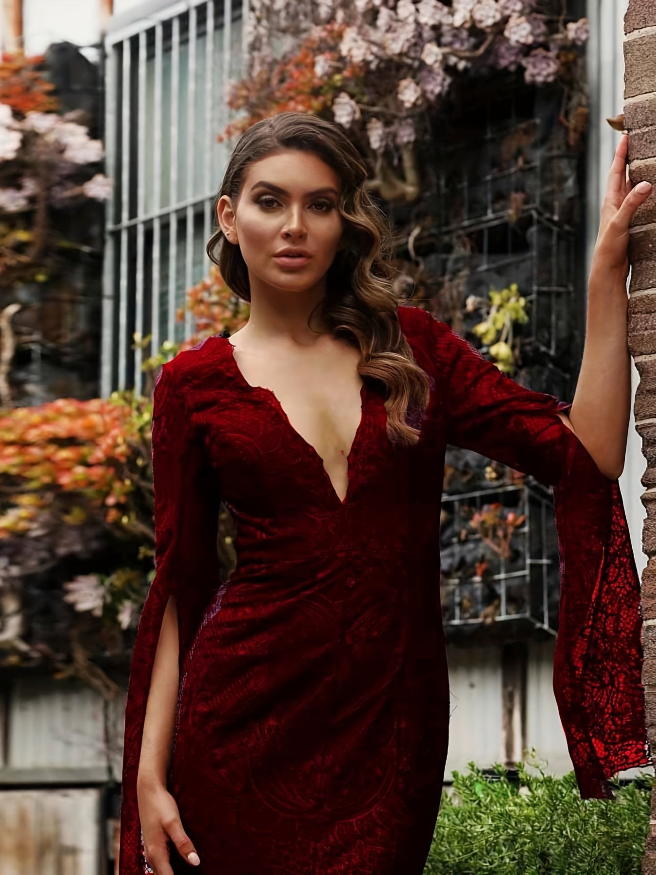 vlovelaw Guipure Lace V Neck Cocktail Dress, Elegant Cape Sleeve Split Slim Fit Evening Dress For Party & Banquet, Women's Clothing