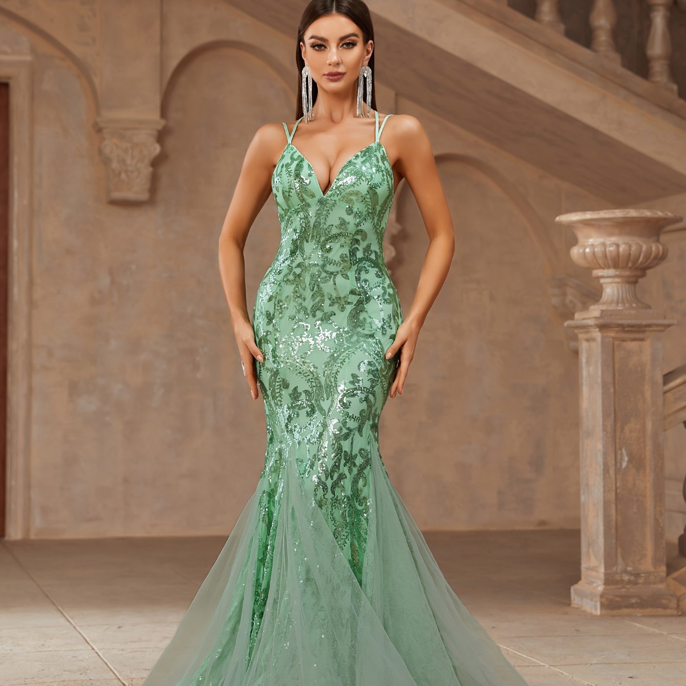 vlovelaw Sequin Spaghetti Strap Dress, Elegant Backless Flared Cut Evening Dress For Party & Banquet, Women's Clothing